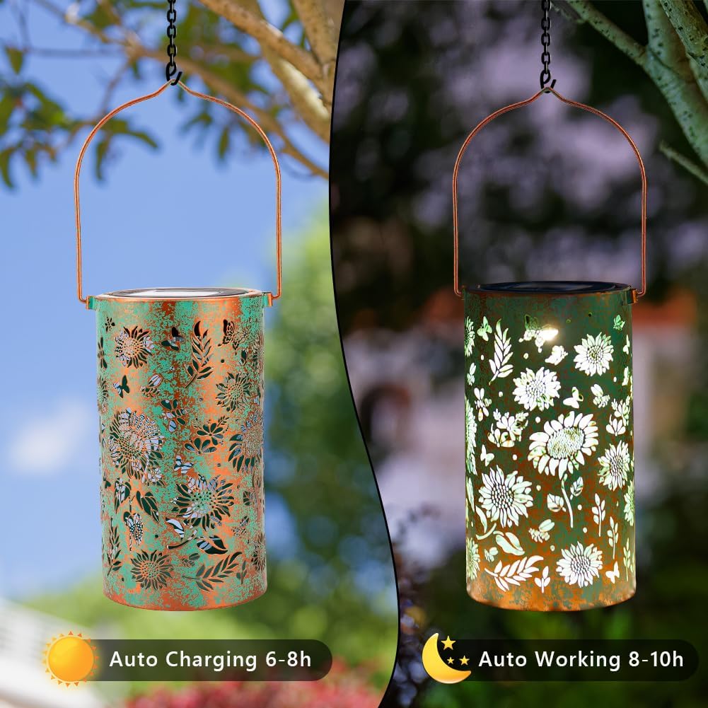 Solar Lanterns Outdoor Waterproof,Hanging Solar Lights for Garden Decor Outside,Sunflower Gifts for Women,Metal Lanterns Decorative Outdoor for Yard,Patio,Backyard,Porch-2 Pack