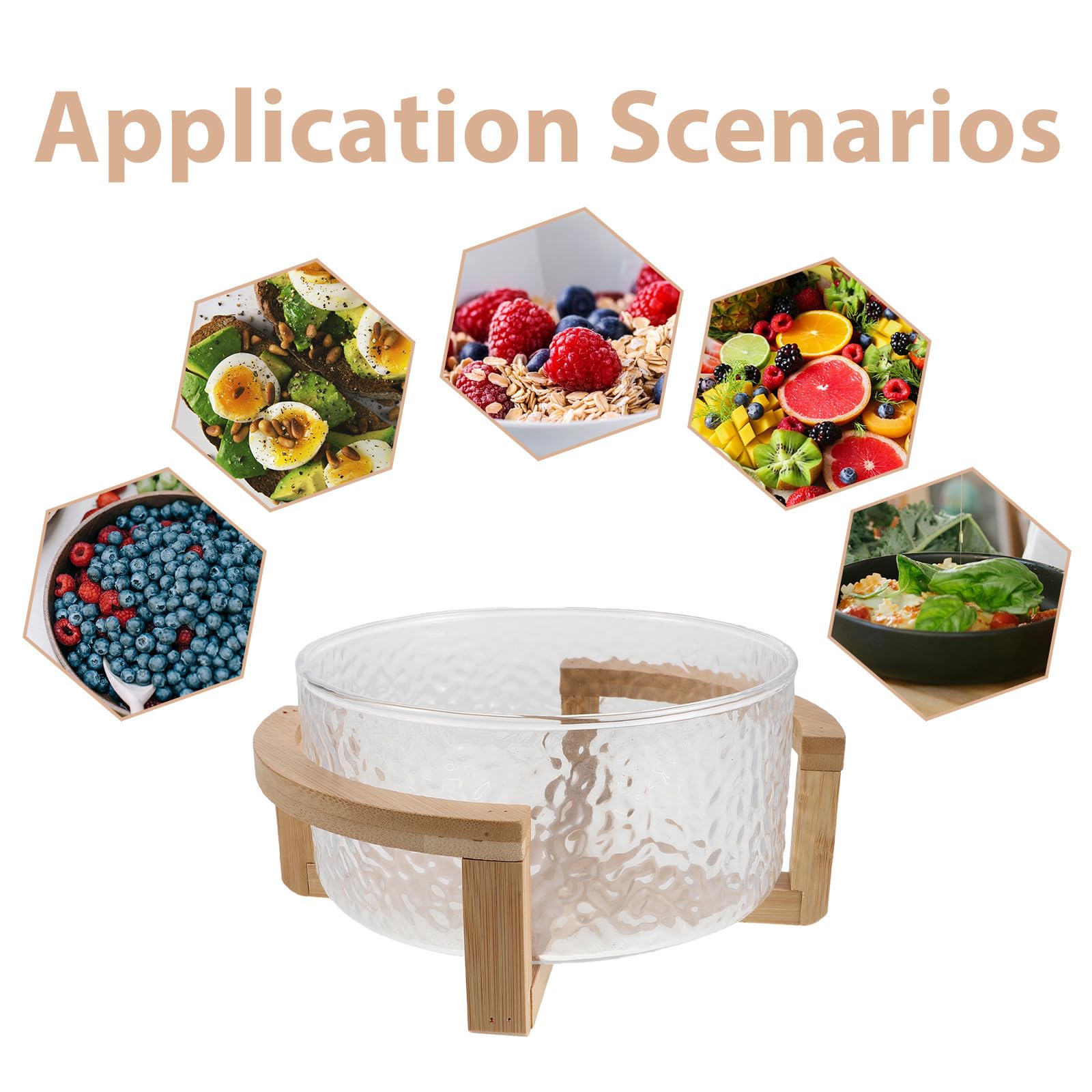KALLORY Bol de Ensalada de Vidrio con Diseño Ondulado y Soporte de Bambú, Versátil para Servir y Fácil de Manejar en Reuniones al Aire Libre o Fiestas Emergentes