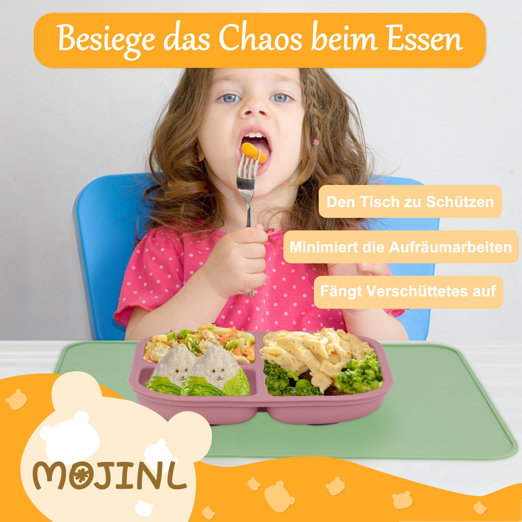 Set de table en silicone pour bébé - Lavable - Antidérapant - Portable - Sans BPA - Anti-taches - Pour enfants et tout-petits (bleu clair jaune-vert)