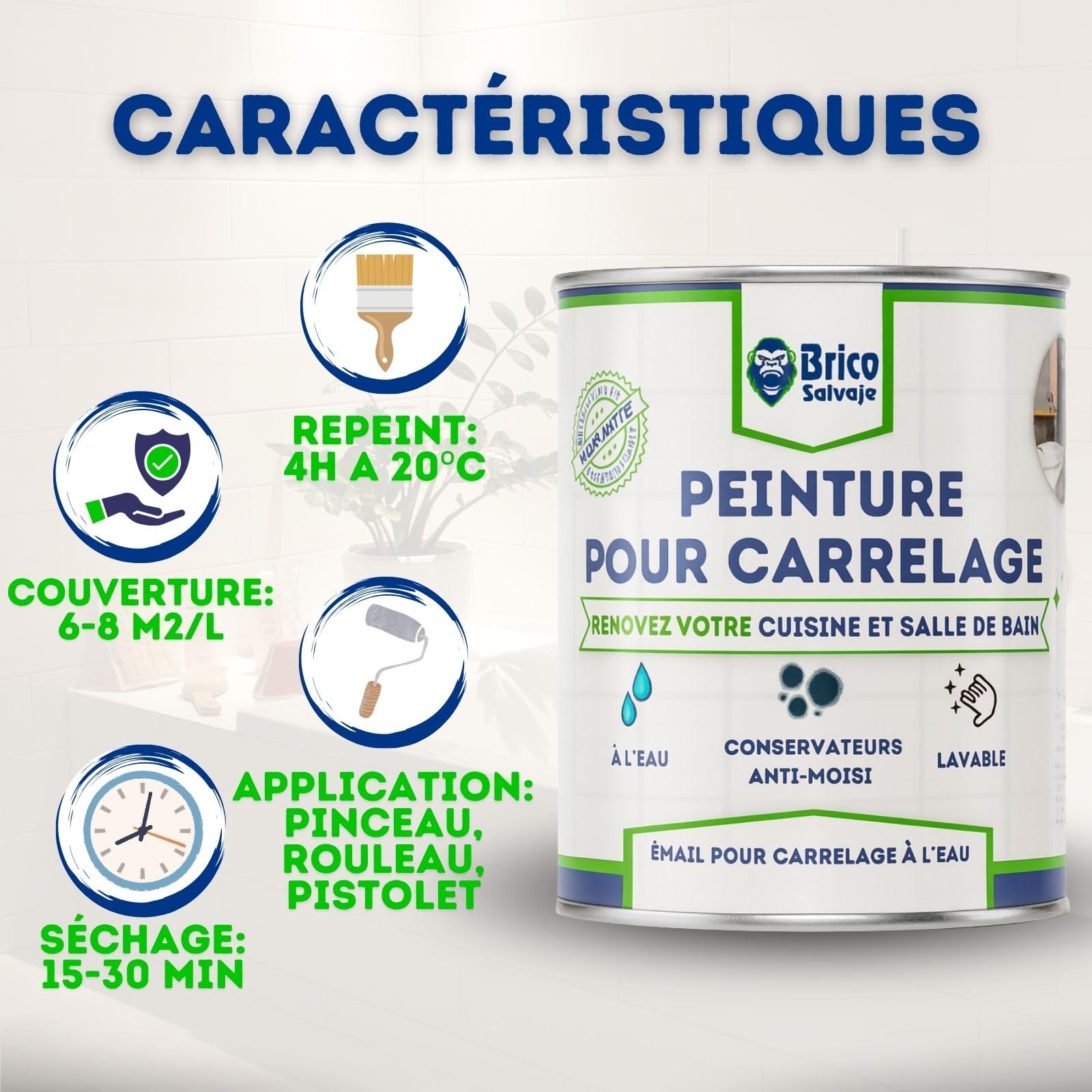 Peinture carrelage cuisine & salle de bain à l'eau - finition MAT | Sans sous-couche | Lavable | Haute résistance (Nacre, 4 litres)