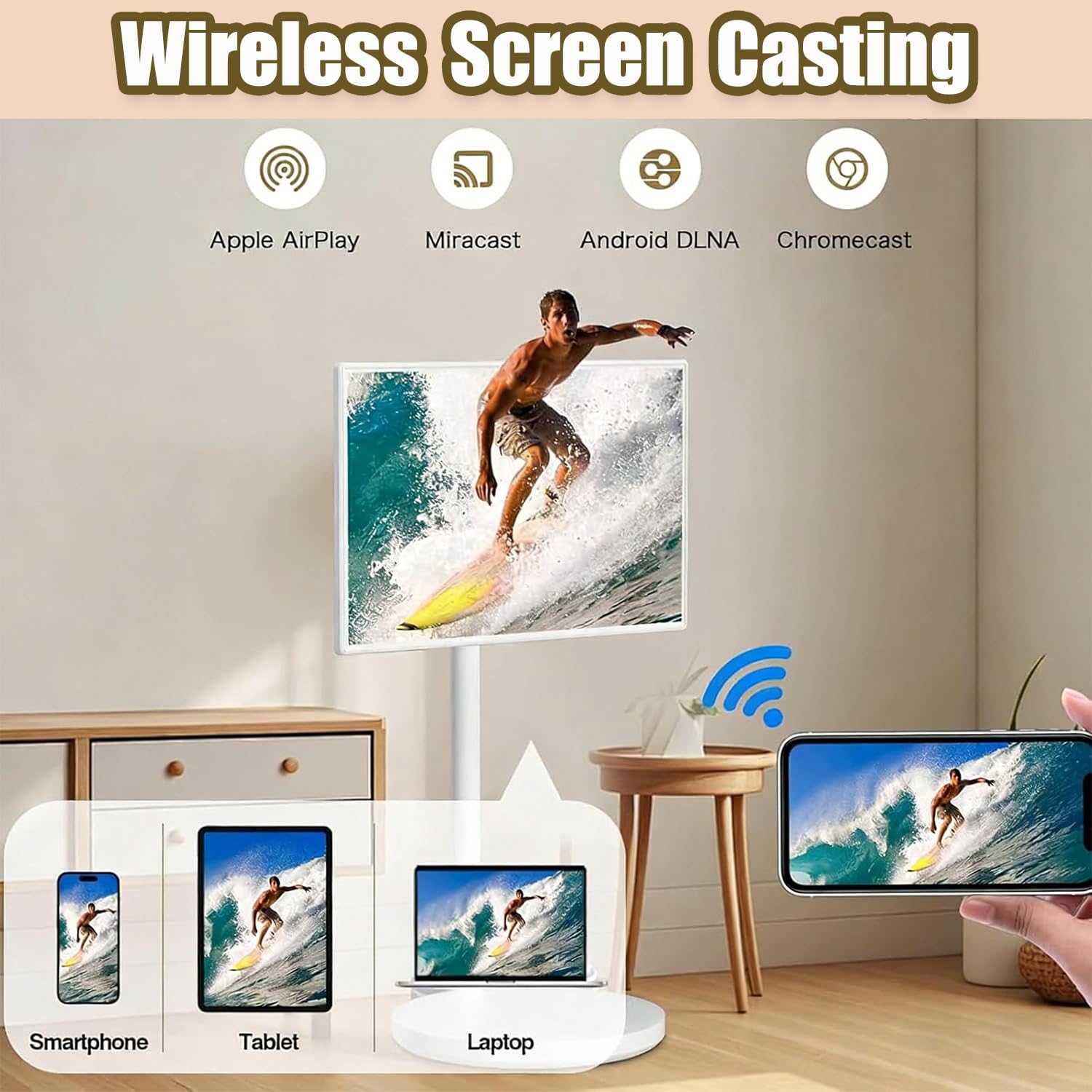 TV portatile su ruote con batteria da 10000 mAh, lettore multimediale touchscreen rotante da 27 pollici, telecomando, durata della batteria 6-8 ore