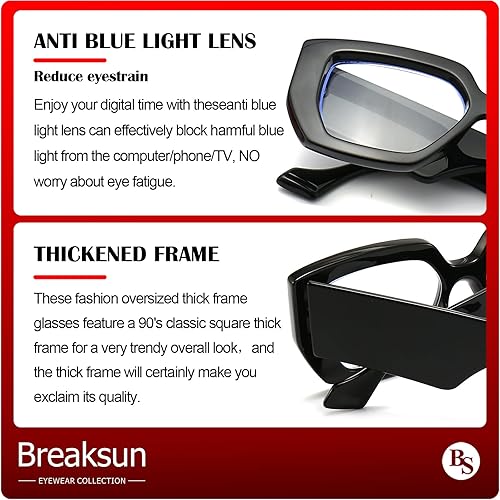 Miniatura 4 de Breaksun - Lentes de luz azul con marco grueso para mujeres y hombres, moda, cuadrados sobredimensionados, gafas de juegos de computadora