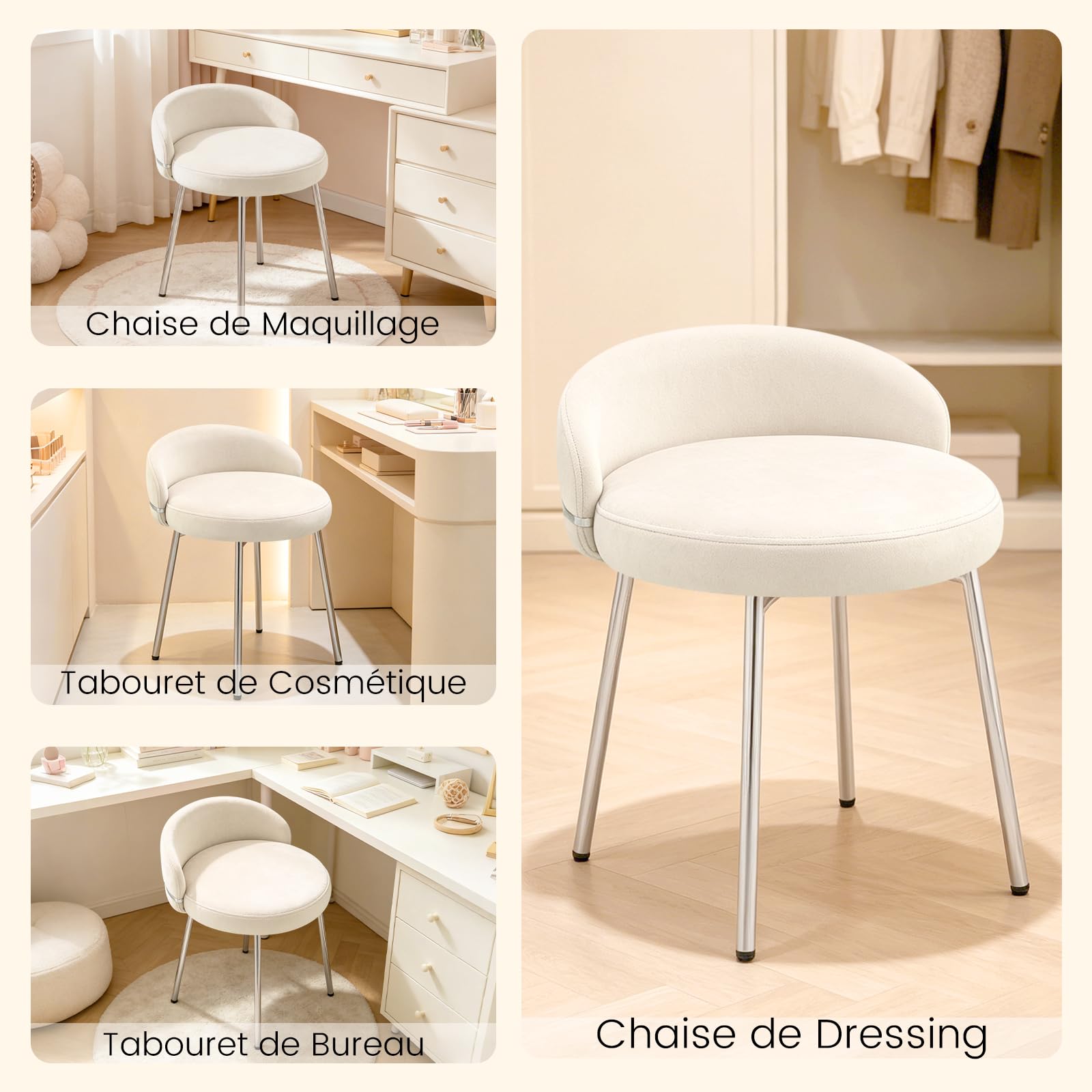Hellove Tabouret Coiffeuse Samt Rond avec Pieds en Métal Argenté, Chaise Coiffeuse Moderne Vanity Stool avec Dossier Courbé et Assise Rembourrée pour Chambre, Salon, Charge 150kg, Beige