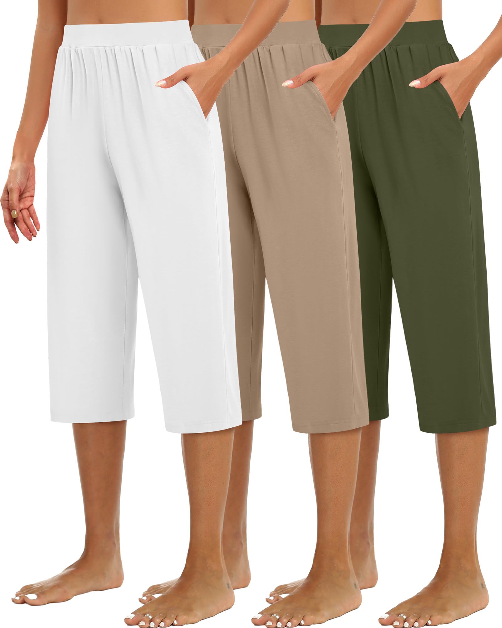 Huukeay 3 Pack Women's Capri Sweatpants, Cozy Wide Legs Cropped Capri with Pockets, Lounge Jogger Pants Workout Yoga Solid Army Green, Light Brown, White Medium