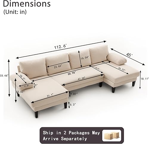 Miniatura 2 de Sofá modular en forma de U de 112 pulgadas con diván doble, muebles modulares de sala de estar de 4 asientos, diseño tapizado de lino para