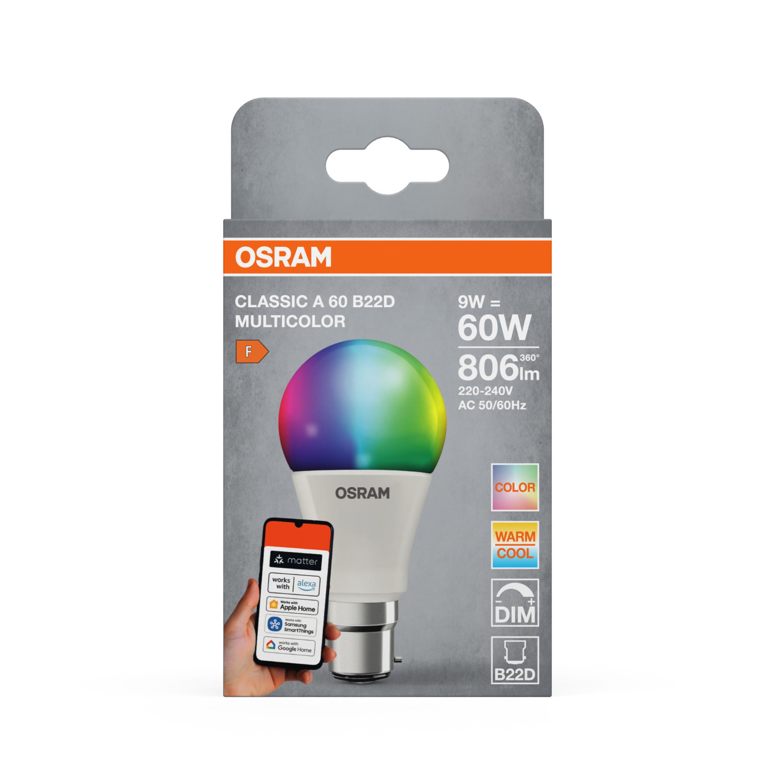 OSRAM SMART+ RGBW, lampada LED B22d con Matter over Wifi, appositamente | , LED Lamps, 60.00 Millimetres dia, , confezione da 4