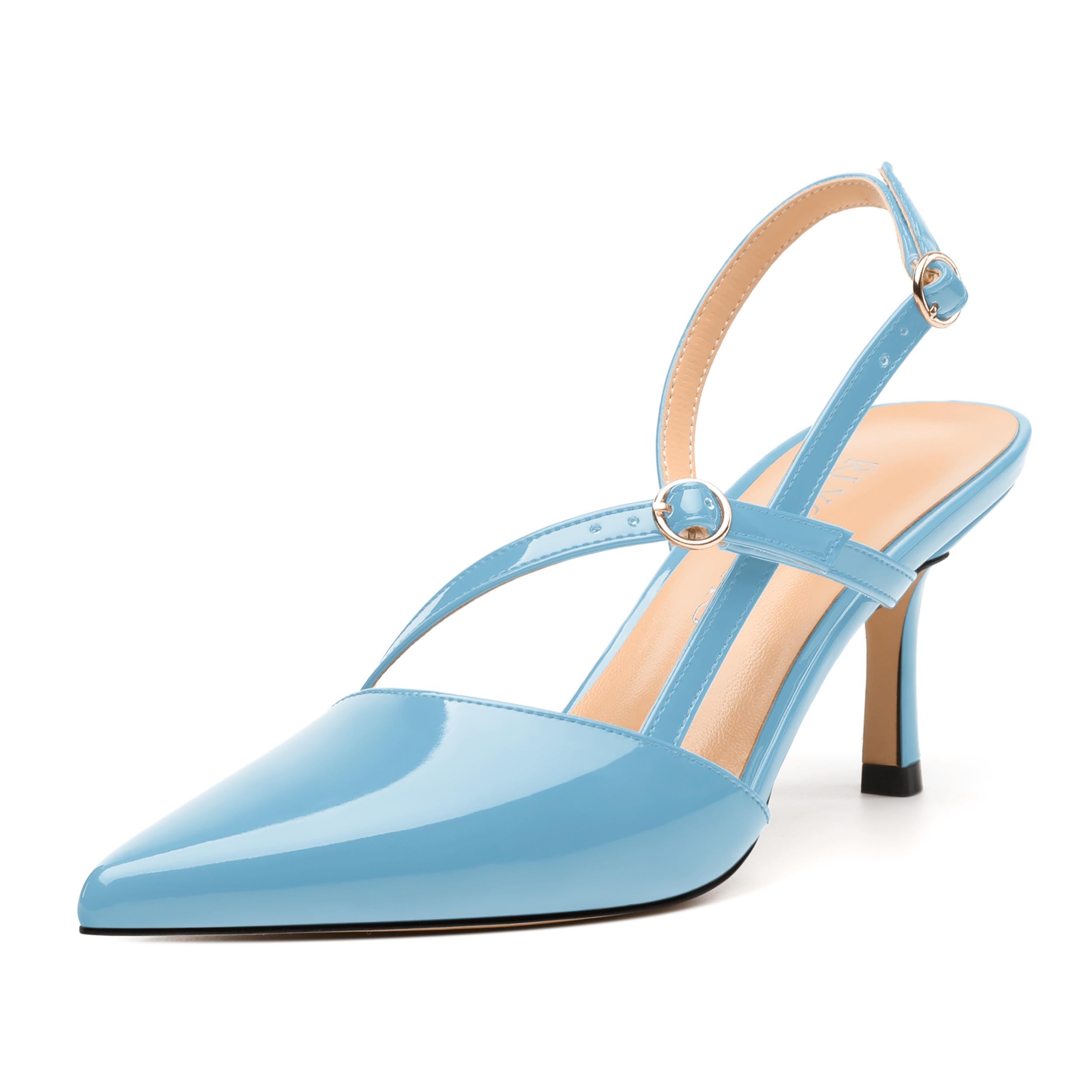 RLYGHWAO Women's Pumps, Pointed Toe Mid Heels, Fashion Buckle Slingback Pump, Solid Patent High Heel Shoes for Women