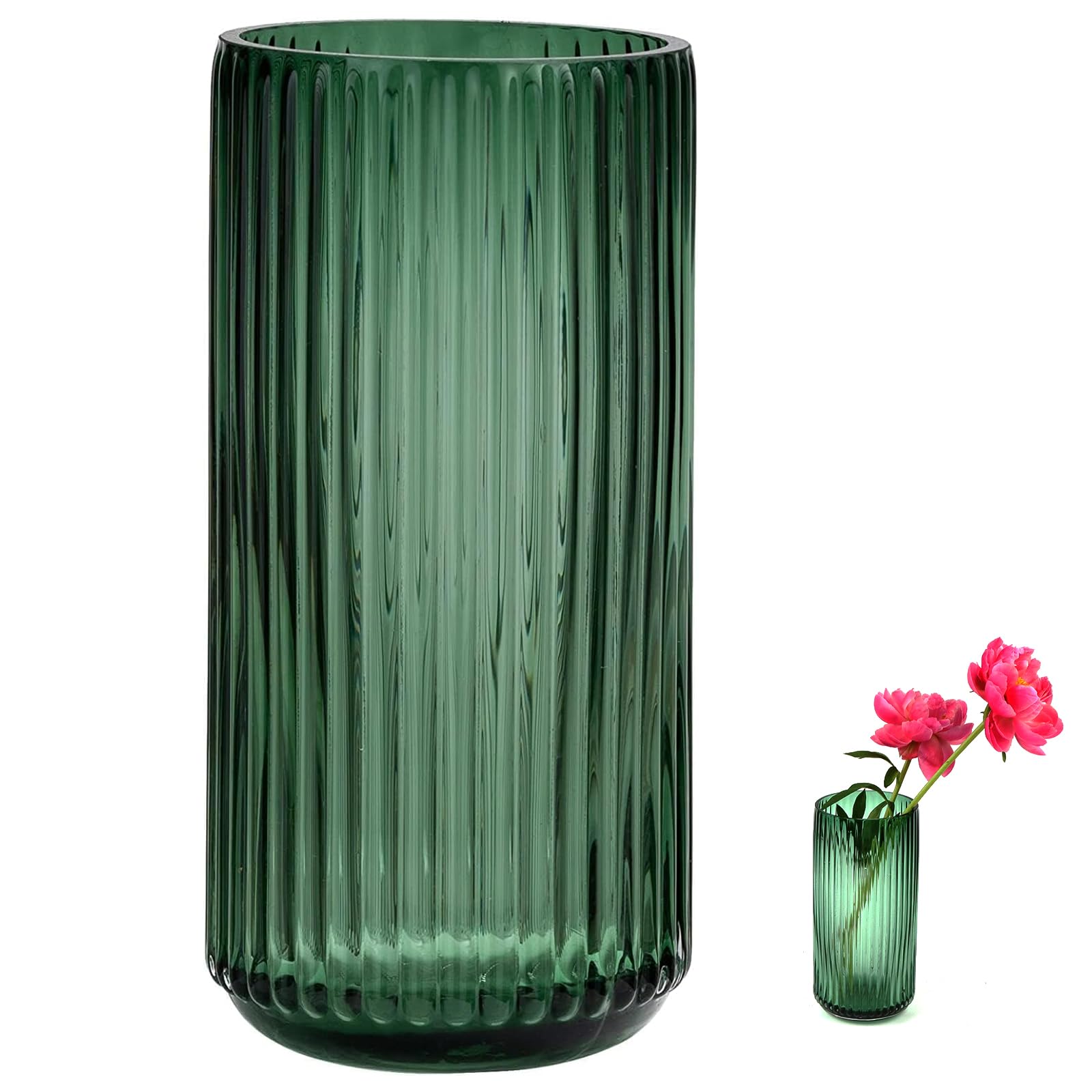 Jarrón de cristal acanalado, jarrón cilíndrico verde para flores, tulipanes y narcisos, 25 x 12 cm, elegante jarrón de cristal para el día de San Valentín, día de la madre, cumpleaños y decoración del