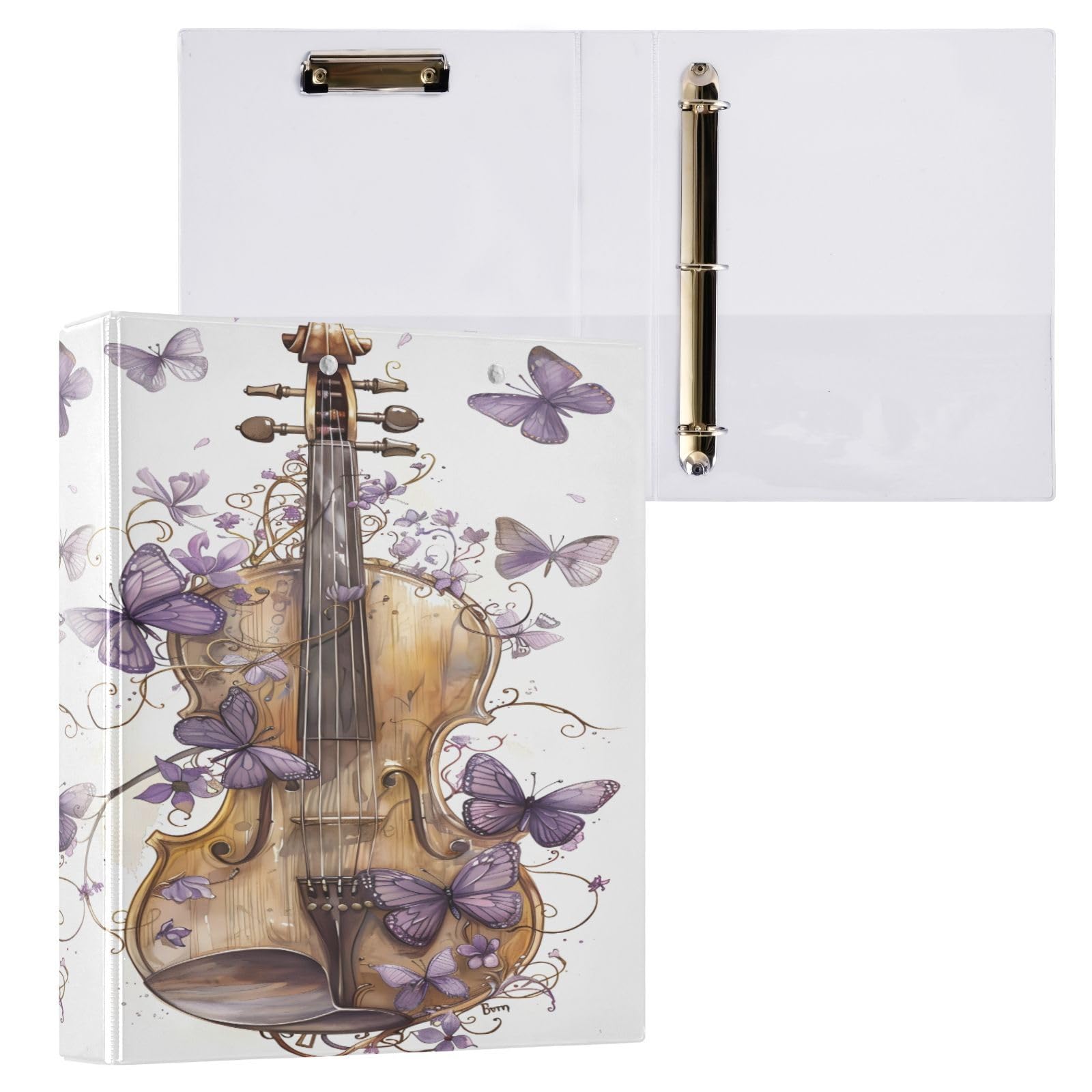 3 Ring Binder Violin Butterfly Music 1.5 inch Binders Three Ring Binders with Clipboard Fit 8.5'' x 11'' Paper 3 Interior PVC Clear Pockets for Office