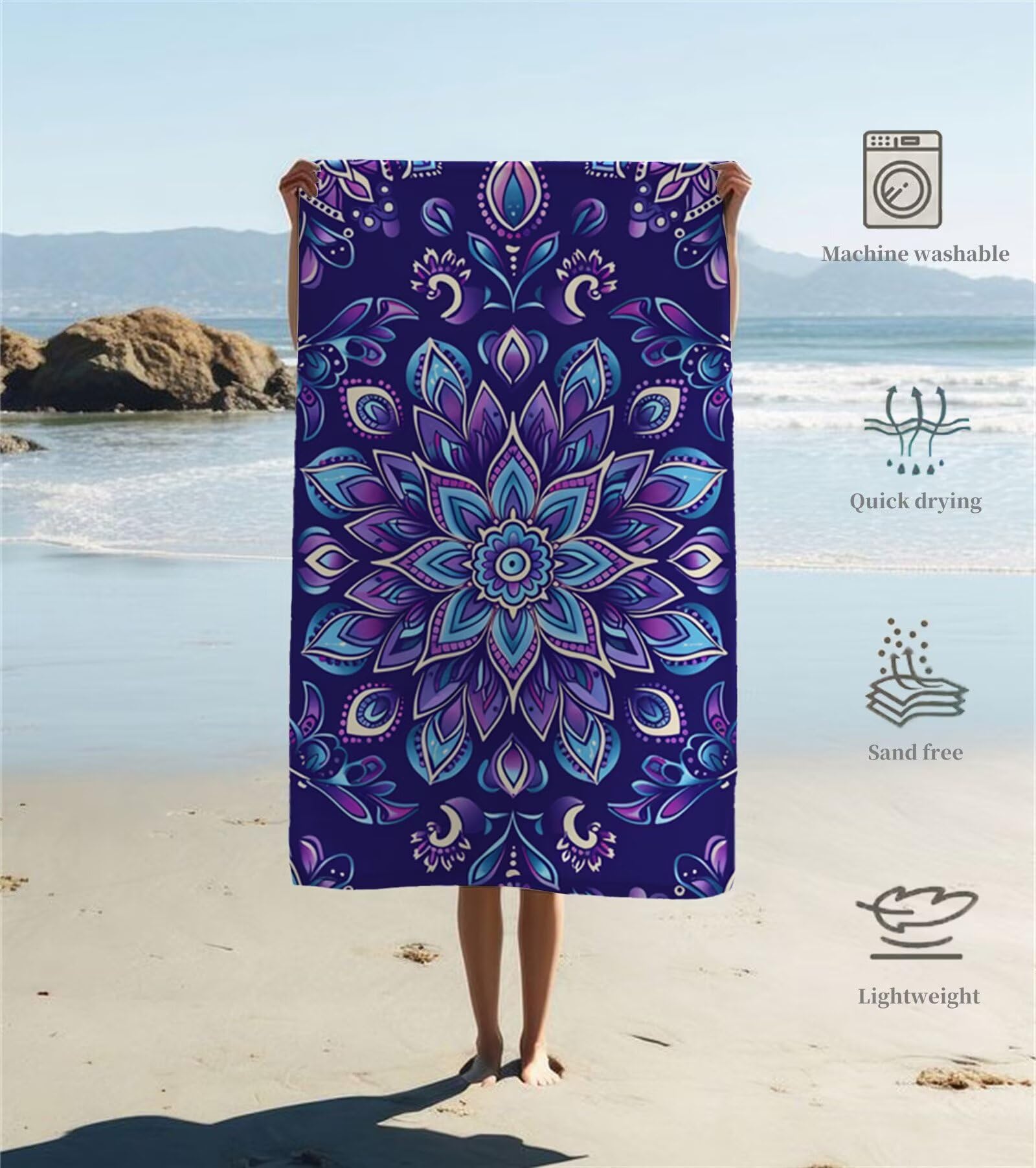Ręcznik plażowy z mikrofibry 220 x 100 cm duży ręcznik kąpielowy fioletowe kwiaty mata plażowa anty piasek, ręczniki sportowe, szybkoschnące, kompaktowe i lekkie, do sportu, podróży, sauny, basenu Y1