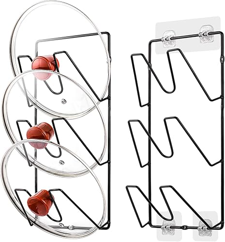 Estante organizador de tapas de ollas, soporte para tapas de ollas de 3 niveles para puerta de gabinetepared, adhesivo sin perforaciones,