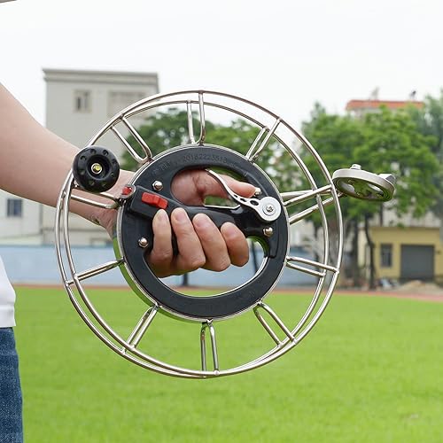 Miniatura 8 de Carrete de cometa de acero inoxidable de metal con freno, 11.2 pulgadas de diámetro, bloqueo de seguridad y conectores de línea de rodamientos, guía