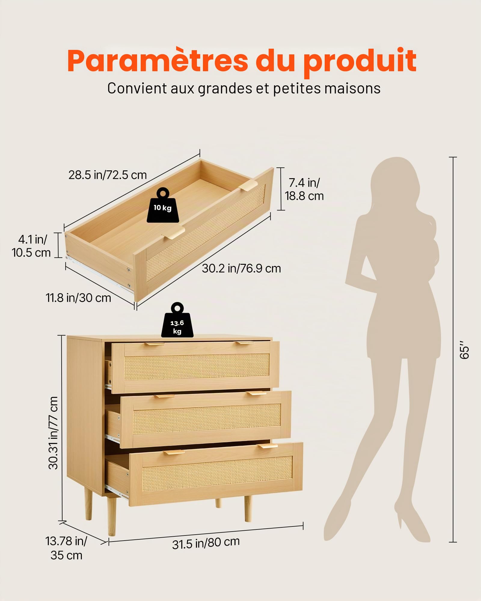 VEVOR Commode en rotin à 3 tiroirs, meuble de rangement avec poignées en métal et pieds en bois, organisateur de vêtements et rangement bohème en bois, armoire pour chambre à coucher, salon ou couloir