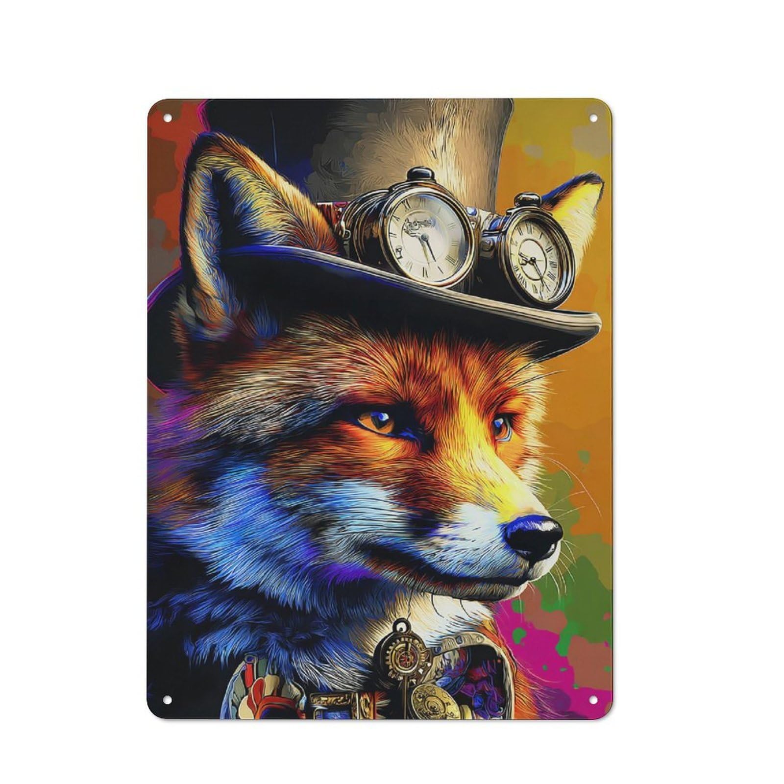 Steampunk Fox Timeless Elegance Classic Metal Wall Decor 40x30cm, Decorative Tin Plaque for Cafe, Pub, Workshop Or Home Bar