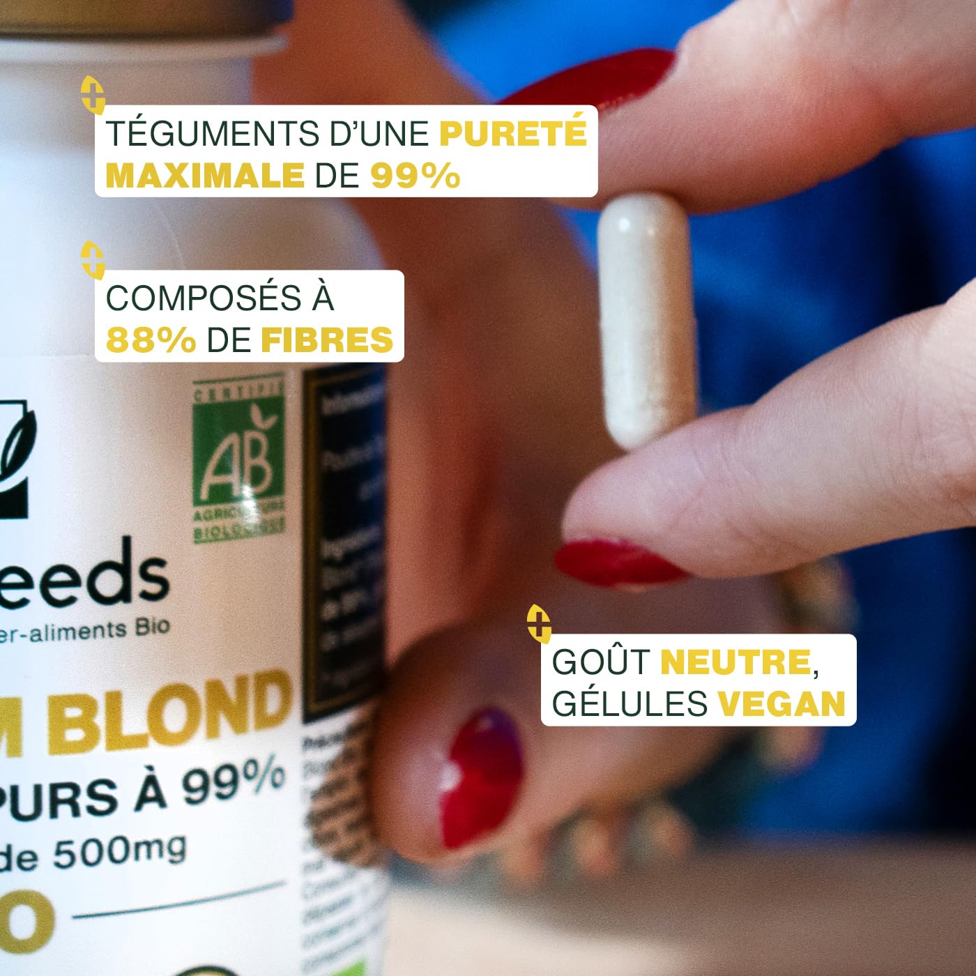 Psyllium Blond BIO, Téguments purs à 99% | 3000mg par jour | 180 gélules de 500mg | Transit, Digestion, Cœur | Qualité Supérieure