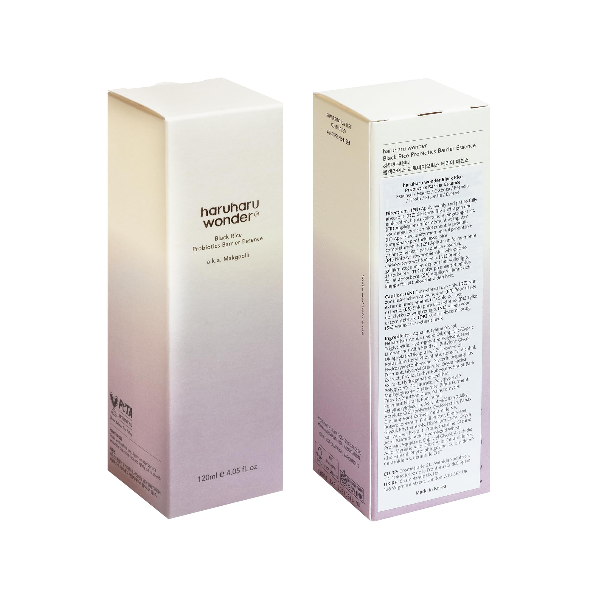 haruharu wonder Black Rice Probiotics Barrier essence 120ml, Tonico Essenza rinforza la barriera cutanea, con ceramidi, ingredienti fermentati, idrata, rimpolpa, lenisce