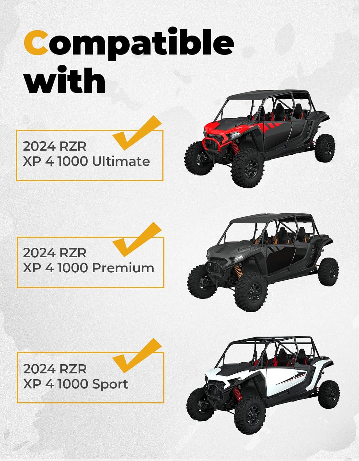 Diagram showing compatibility with 2024 RZR XP 4 1000 Ultimate, Premium, and Sport models