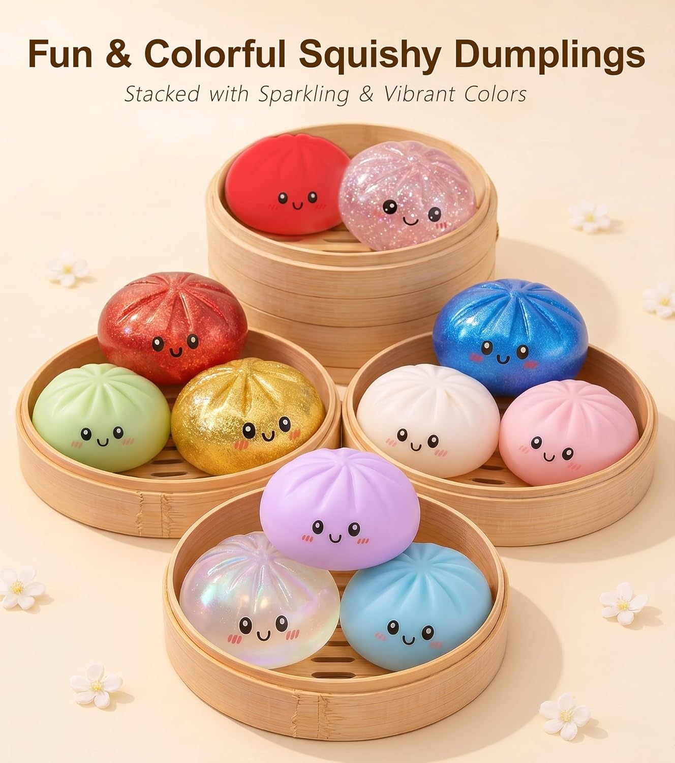 Dumpling Squishies, Glitter Dumpling Mystery Box, Colorful Dumplings Stress Balls Fidget Sensory Toy, Stretchy Desk Toys with Food Steamer for Easter Basket Stuffers, Parties, for Adults Kids, 4PCS