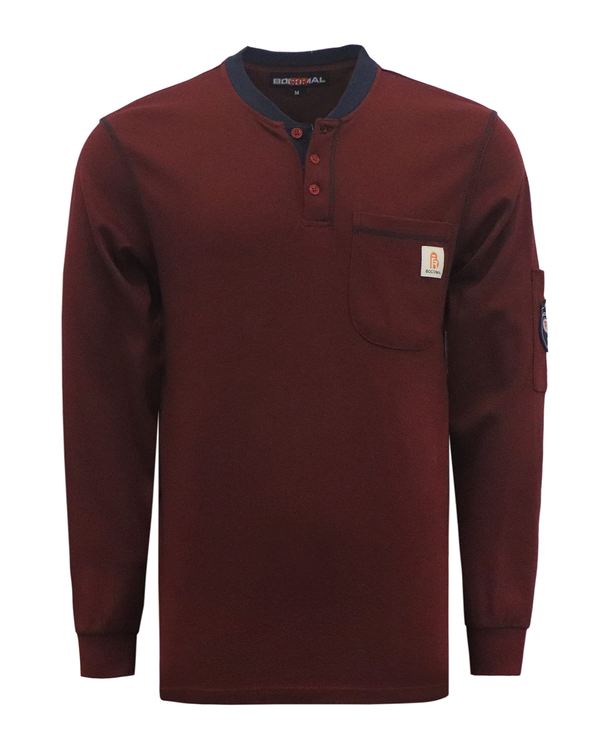 BOCOMAL FR Shirts for Men CAT2 5.5oz Maroon Henley Shirts Flame Resistant Fire Retardant Long Sleeve Shirt