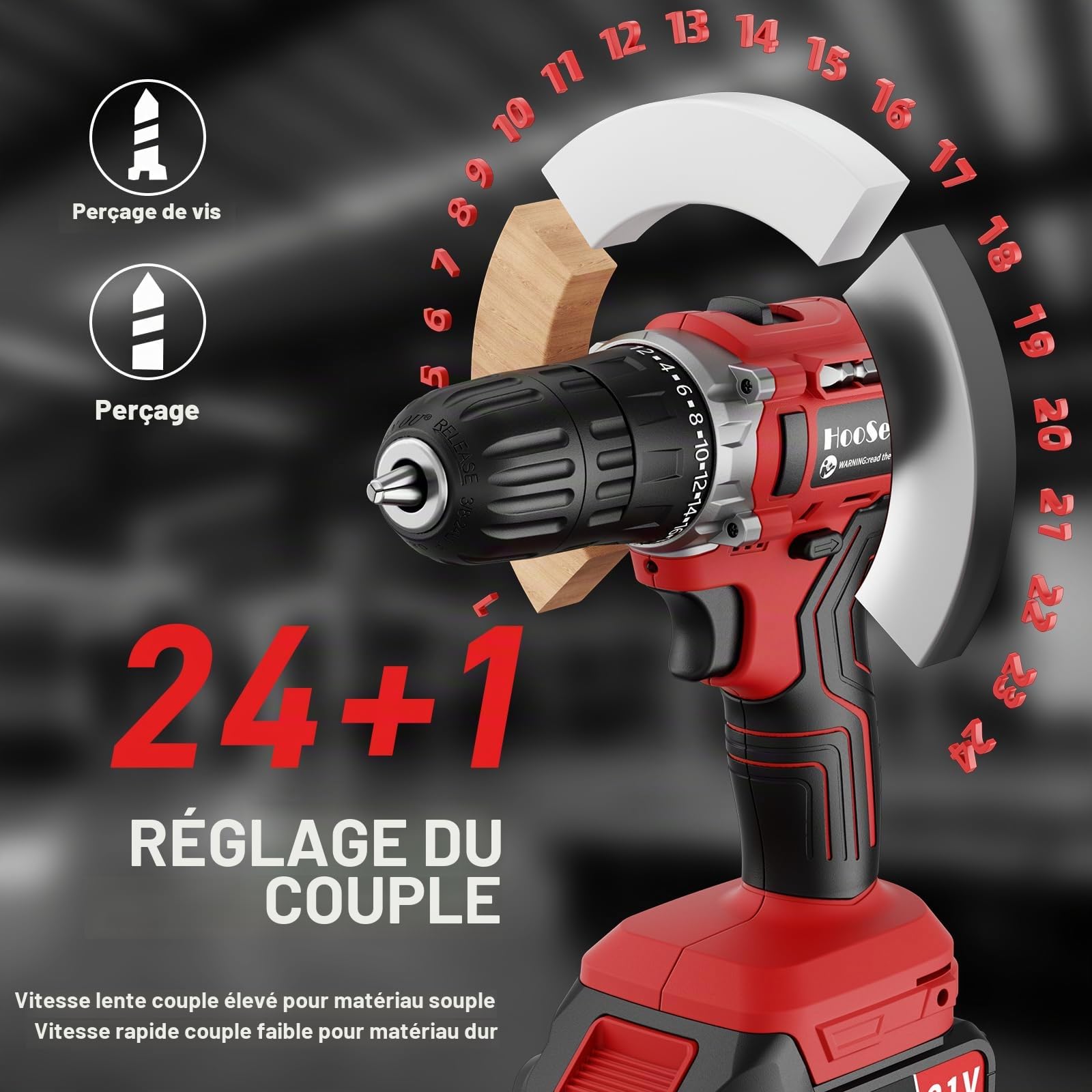 Perceuse Visseuse Devisseuse Sans Fil 21V,25 Accessoires, niveau de couple 24 + 1, 2 vitesses et LED, pince de perçage 10mm pour réparation à domicile, travaux à domicile