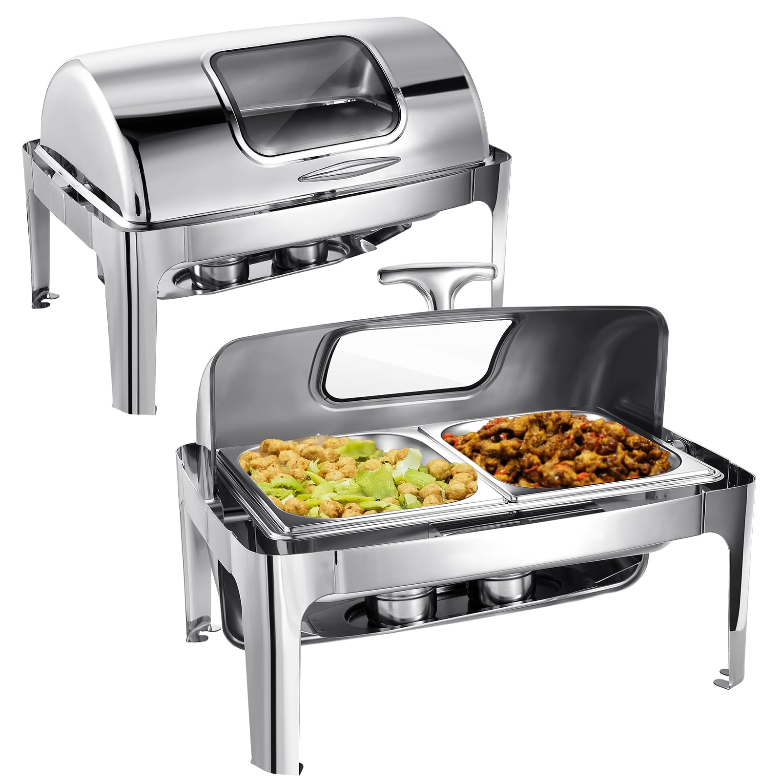Yungyan 2 Pcs 9.5 QT Chafing Dish Buffet Set with Visible Roll Top, Stainless Steel Rectangular Chafers and Buffet Warmer Sets for Banquet Party Wedding Catering Events