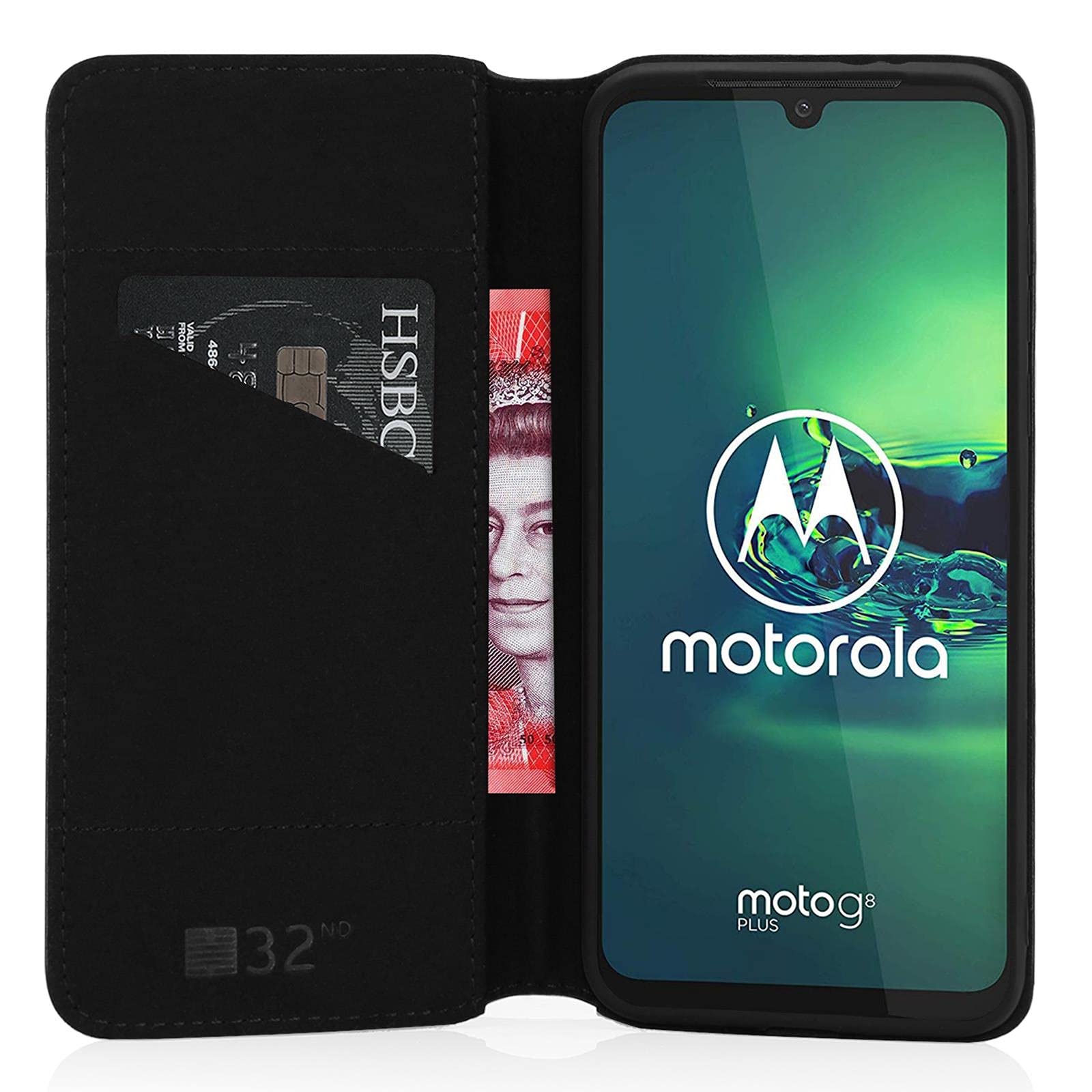 32nd Klassische Series Lederhülle Für Motorola Moto G8 Plus – Mit Kartensteckplatz, Standfuß & Magnetverschluss, Echtleder, Schwarz