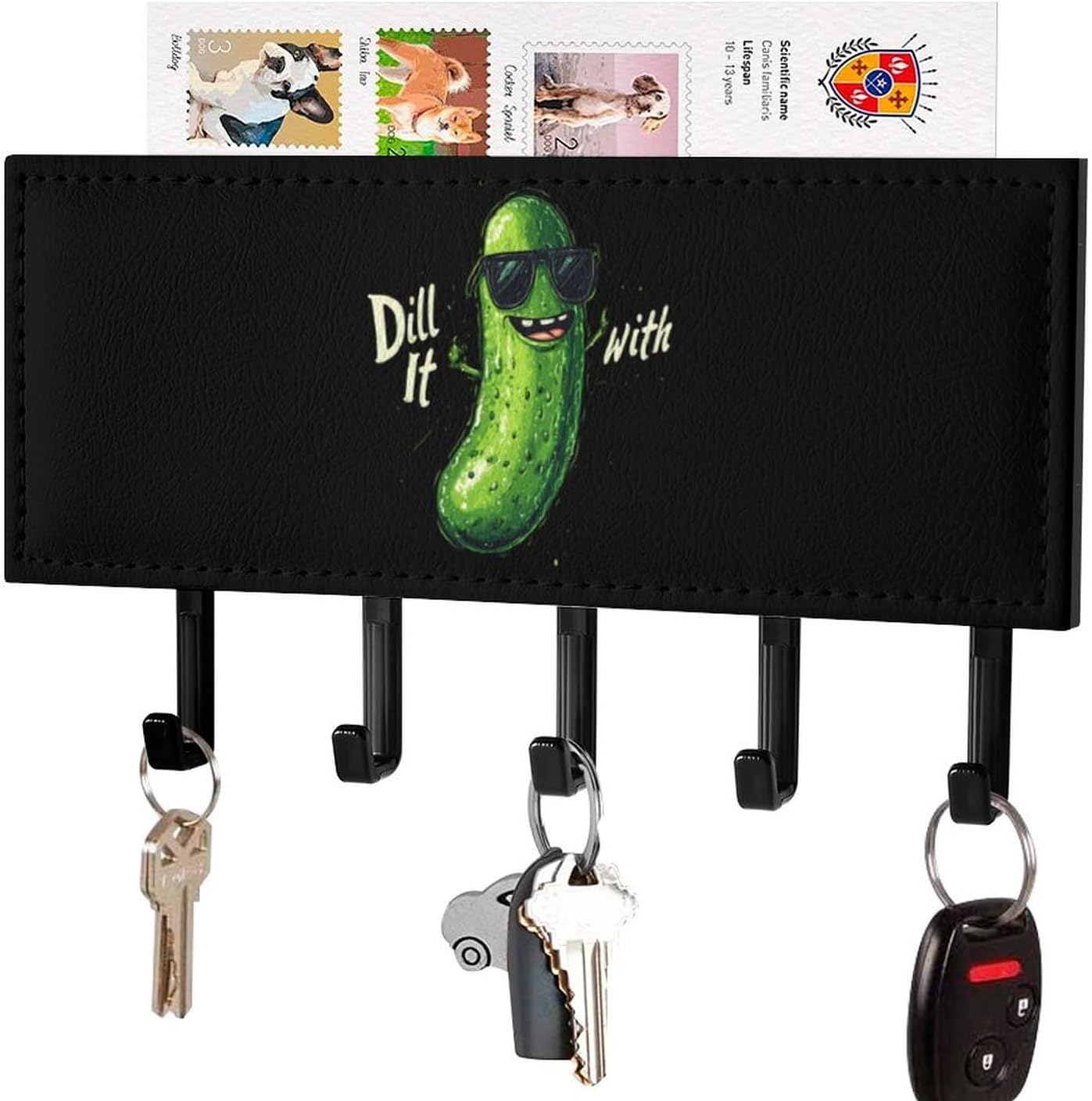 Dill with It Funny Pickle Key Holder Wall Mount Mail Organizer Hat Rack Small Shelf with 5 Hooks for Entryway