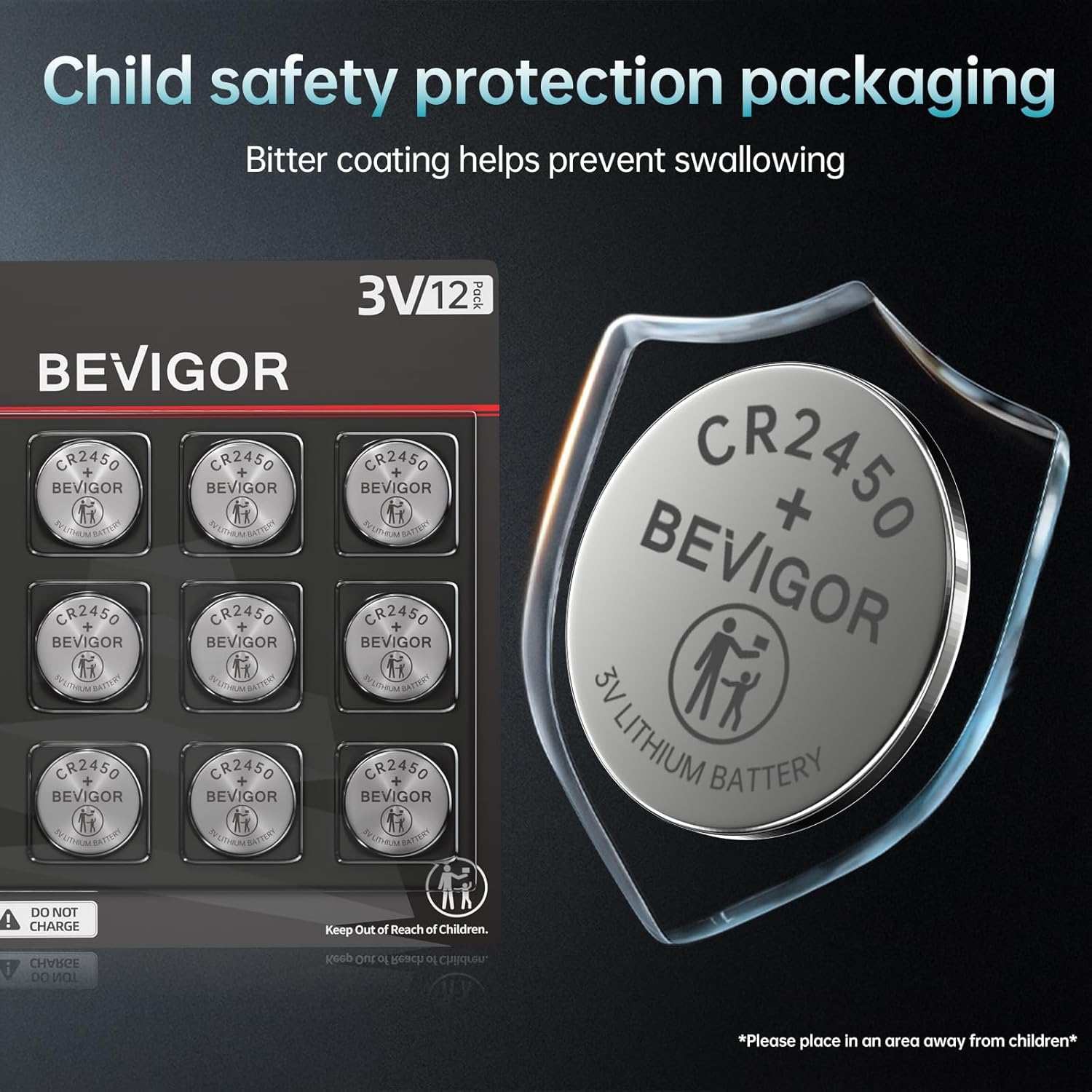 bevigor 2450 battery compatible with airtag cr2450 lithium 3v coin battery for child safety, suitable for key fobs, smart sensors, scales, candles and more (cr2450-12p)