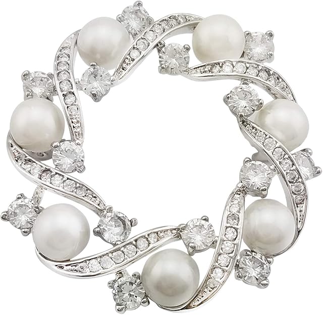 HAISWET Wedding Sparkle Brooch Pin Elegant Cubic Zirconia Simulated Pearl Wreath Broach