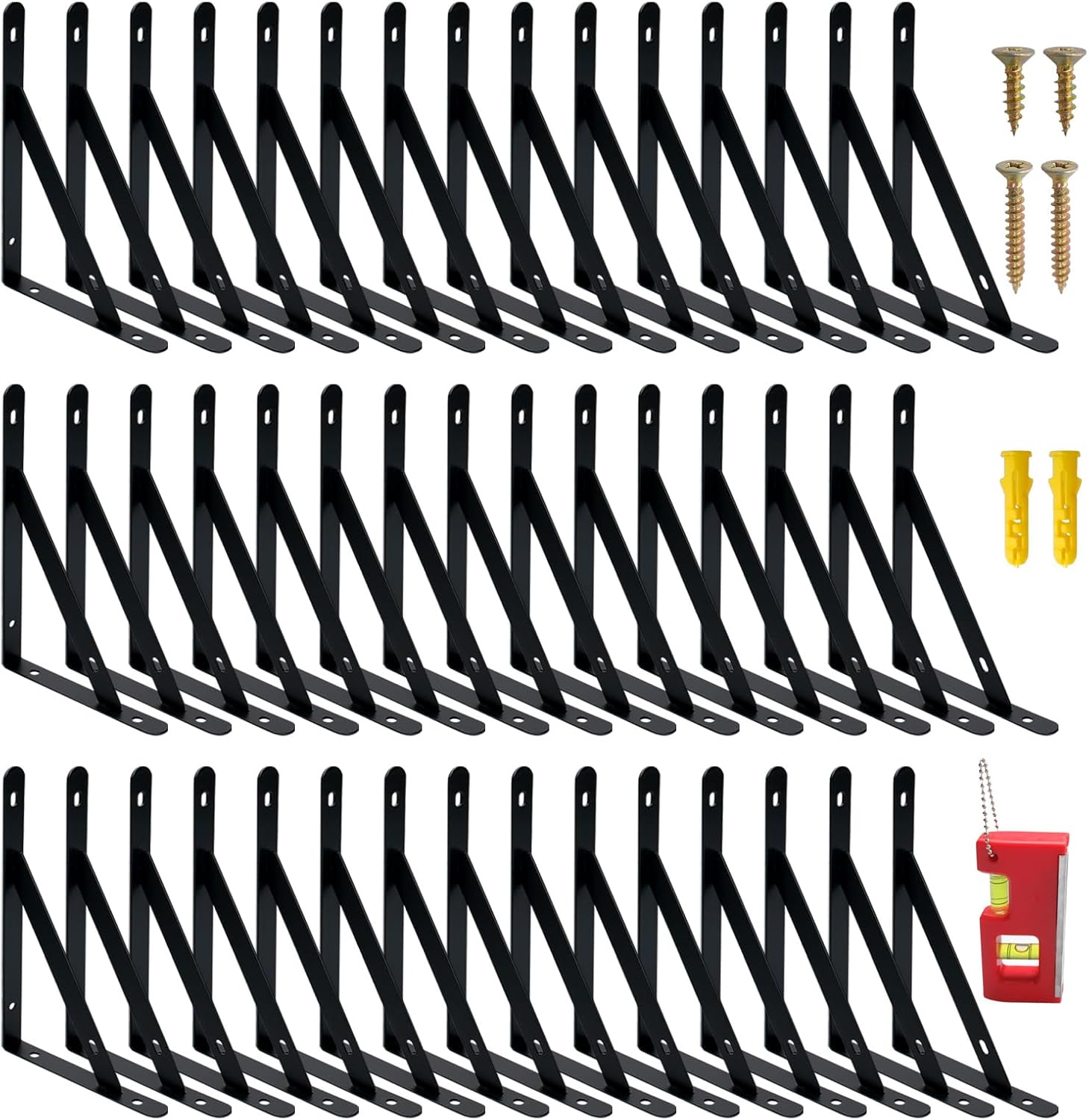 45 Pcs Heavy Duty Shelf Brackets Bulk with Level ,Black Metal L Brackets 90 Degree for Garage Triangle Corner Support with Hardware , Wall Mounted Floating Shelves (8 Inch)