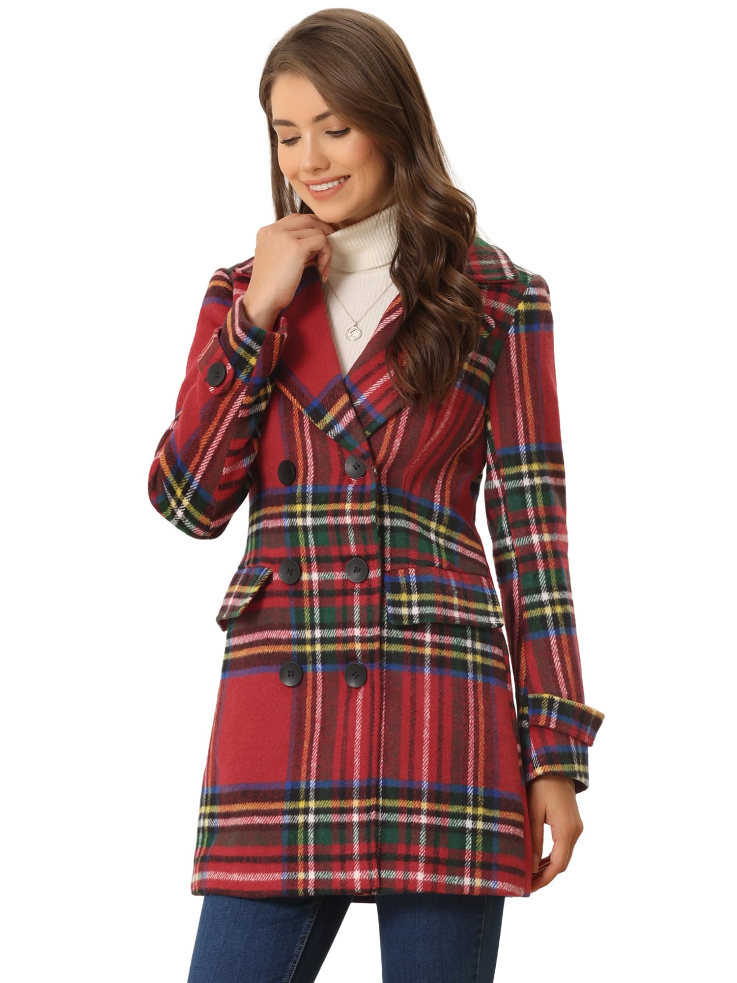 allegra k Women's Buffalo Checks Double Breasted Notched Lapel Winter Long Plaids Trench Coat-picture-38