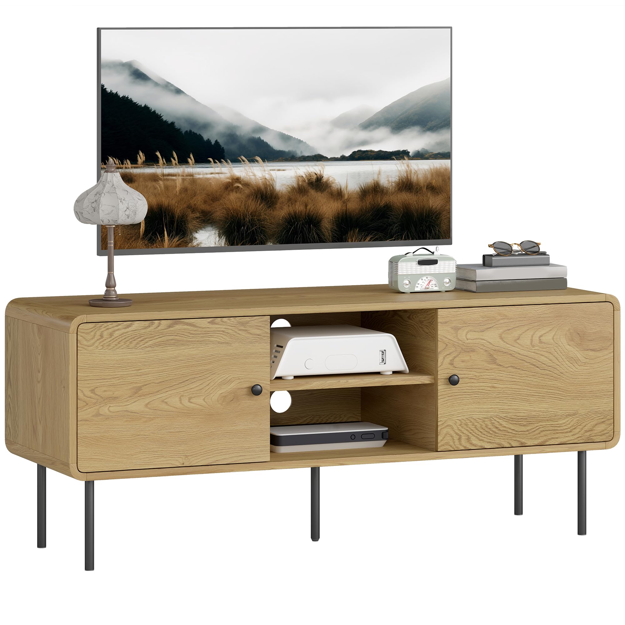 HOMCOM Meuble TV 120 cm avec Coins Arrondis, 55 Pouces, chêne | Passe-câbles, 2 Compartiments Ouverts, Pieds en Acier, Banc TV Moderne, Salon, Chambre à Coucher