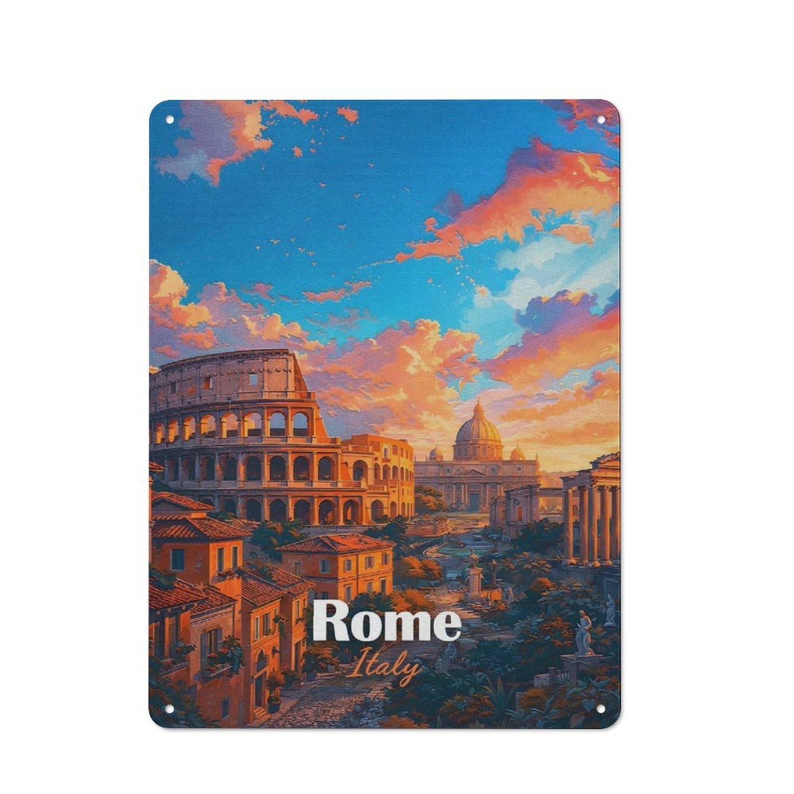 Metal Wall Plaque with Rome Italy Colosseum Sunset Design 40x30cm, Simple Retro Studio Wall Plaque for Hobby Room, Office, Lounge Or Living Room