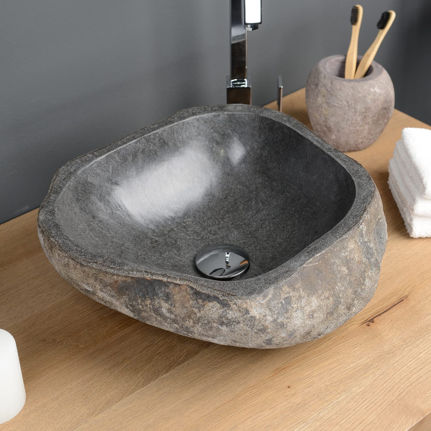 40 cm Naturstein-Waschbecken natur Flussstein grau Stein-Becken Aufsatzwaschbecken Findling