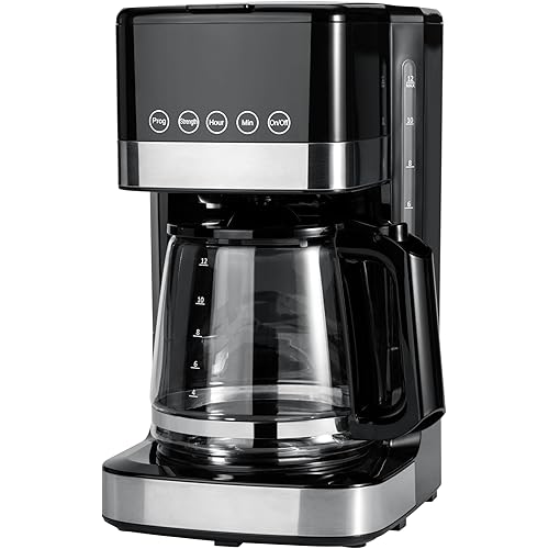 Amazon Basics Programmable 12 Cup Drip Coffee Maker, Coffee Machine with Glass Coffee Pot (1.9 Qt), Auto Shut-off, Touch Screen, Auto Pause, Removable Filter Basket, Black & Silver