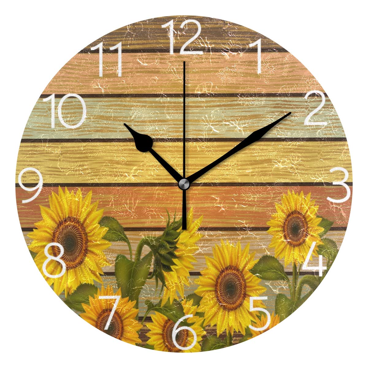 MOYYO Autumn Sunflowers On Wooden Board Wall Clock Silent Round Wall Clock Battery Operated Creative Decorative Clock for Kids Living Room Bedroom Office Kitchen Home Decor