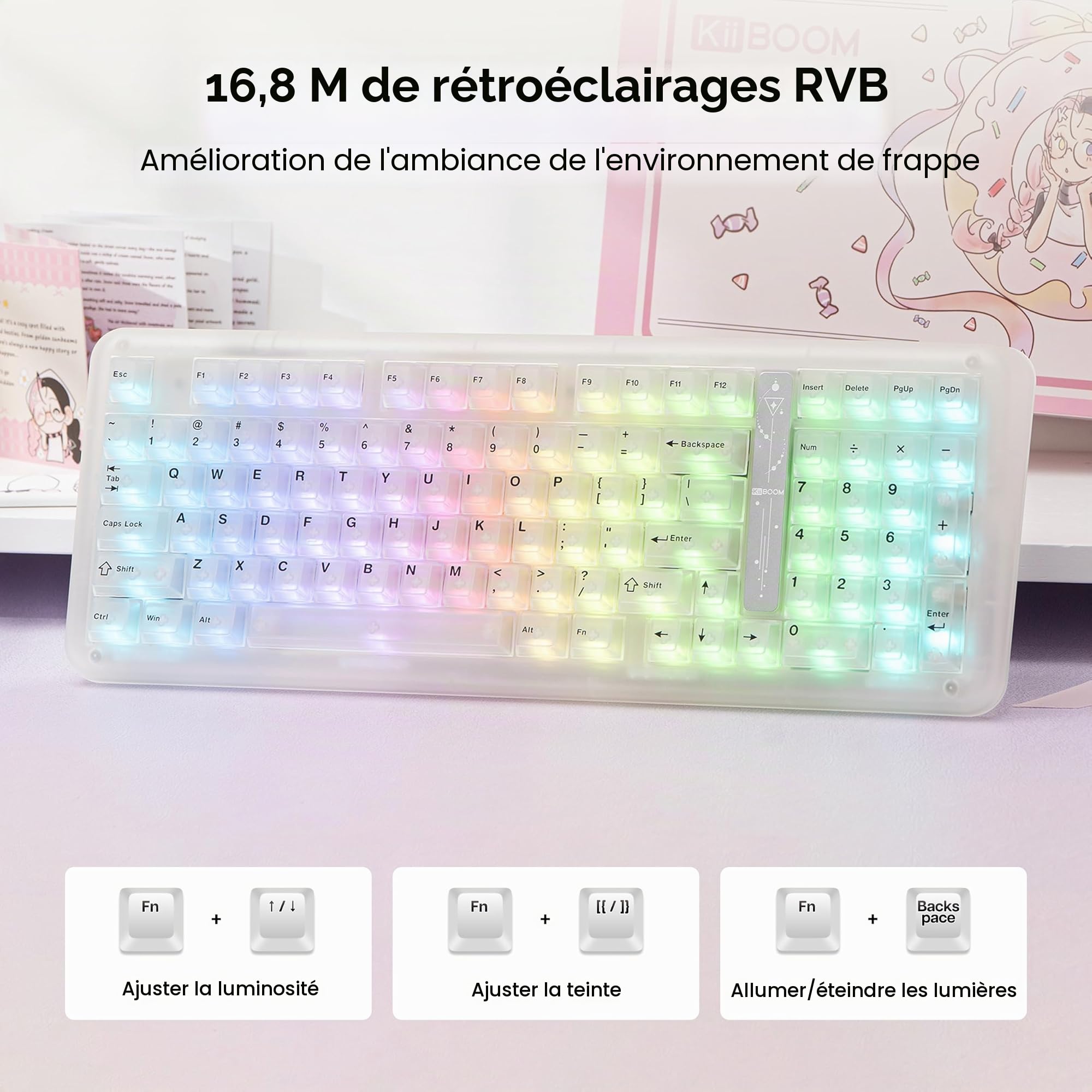 KiiBoom Phantom98 Lite 96% Clavier mécanique sans fil pour jeux, Via, clavier crémeux avec joint, batterie de 8000 mAh, échange à chaud, RGB, NKRO pour Win/Mac (Clear, Mochi Switch)