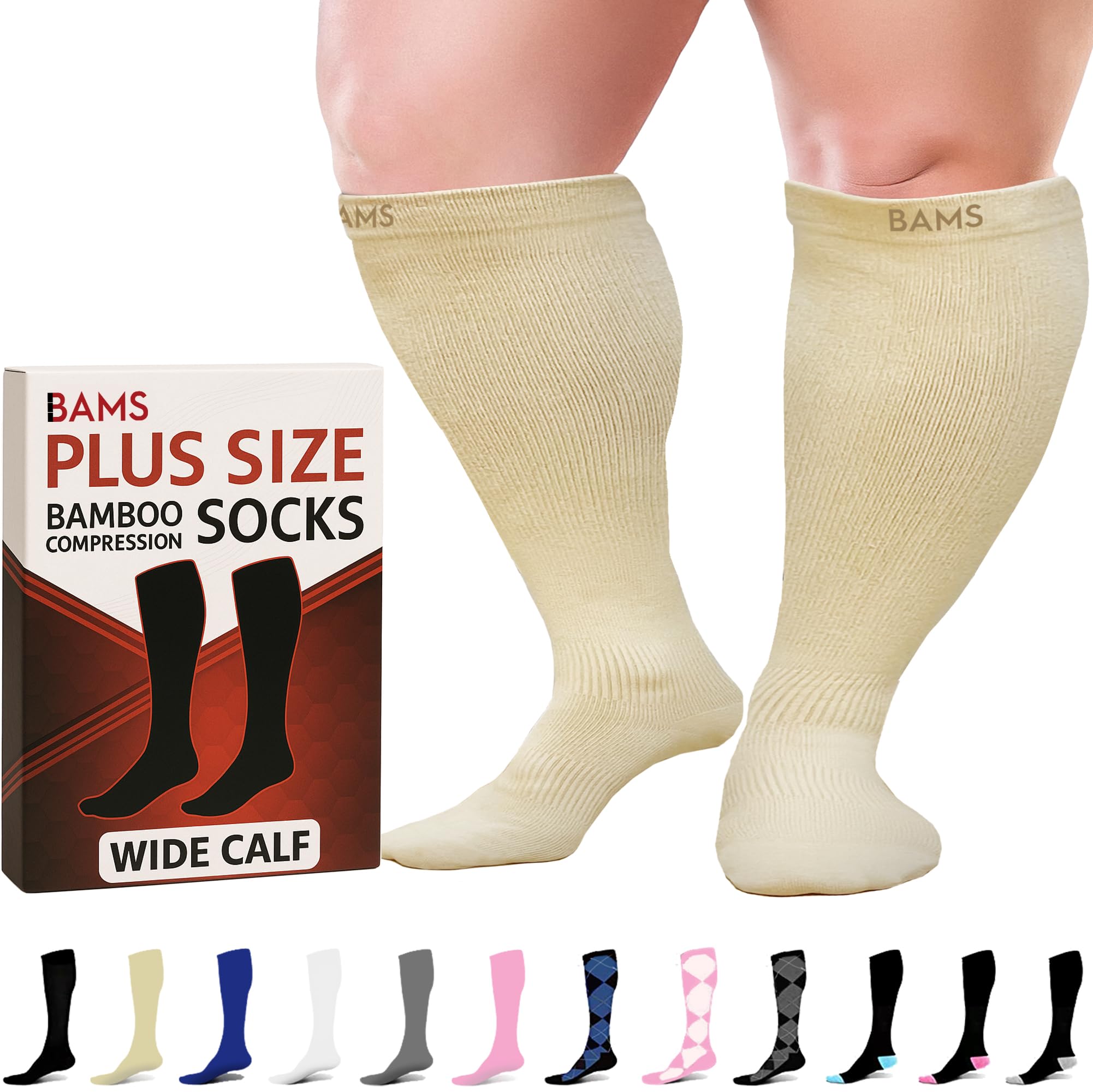 BAMS Plus Size Compression Socks Wide Calf XL XXL XXXL – Graduated Knee-High Support, Viscose from Bamboo Easy-On/Easy-Off