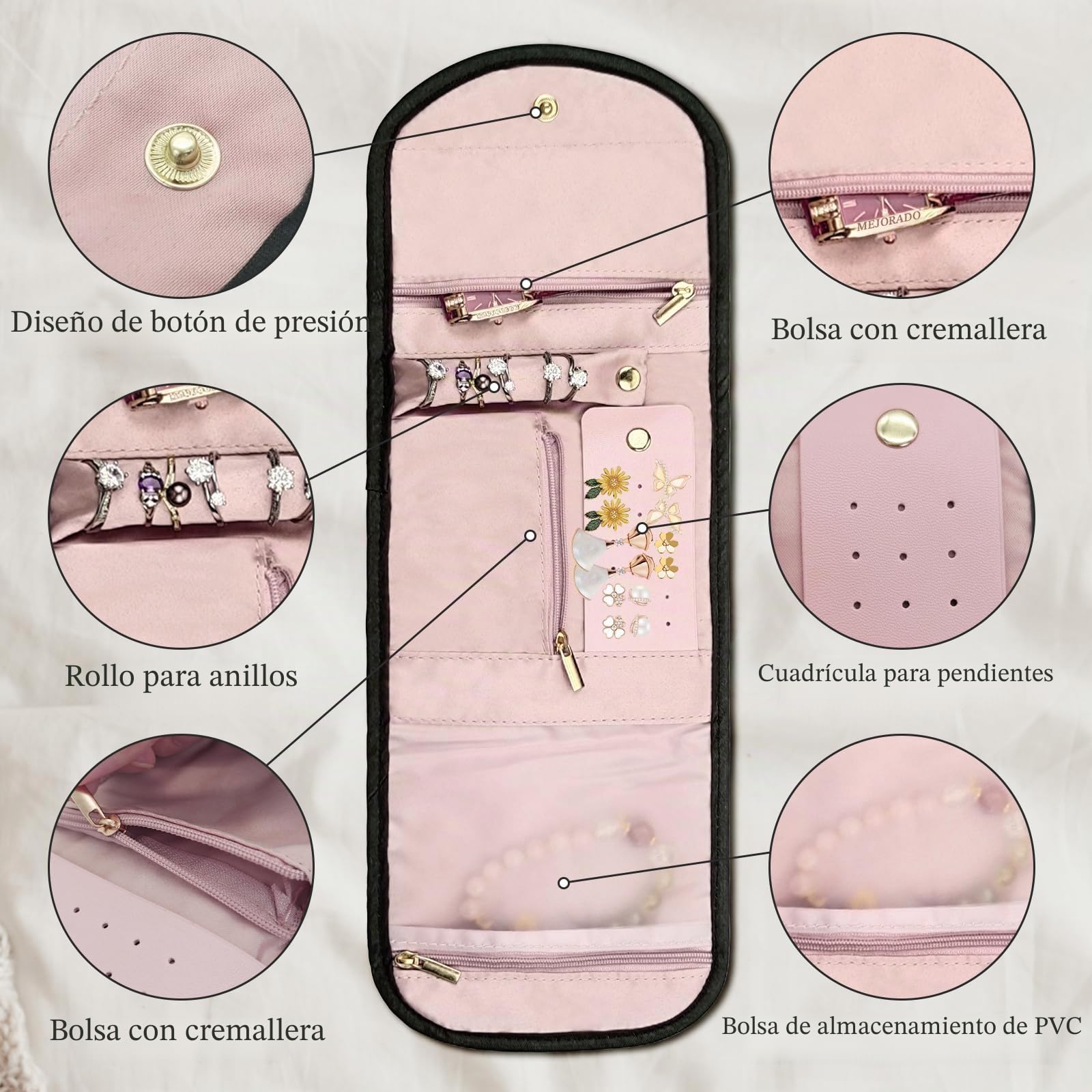 AfitLulu Joyero Mujer Bolsa Organizadora de Joyas, Portátil Joyero Viaje Plegable para Niñas y Mujeres, Bolsa de Almacenamiento de Joyas para Anillos, Pendientes, Collares, Pulseras (Rosa)