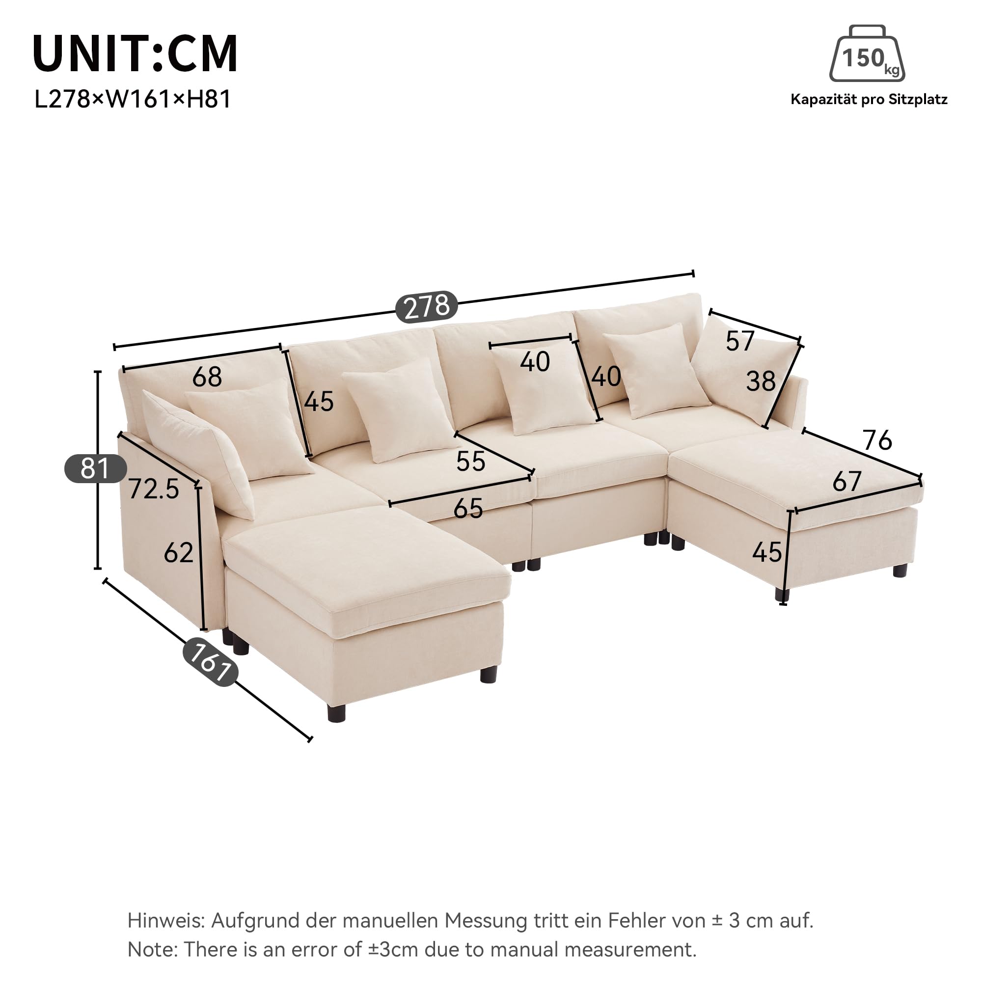 Sapgaks - Sofá de 4 plazas moderno de tela de chenilla con reposapiés extraíble, sofá esquinero en L/U, sofá modulable, adecuado para casa, salón, apartamento (E-Beige)
