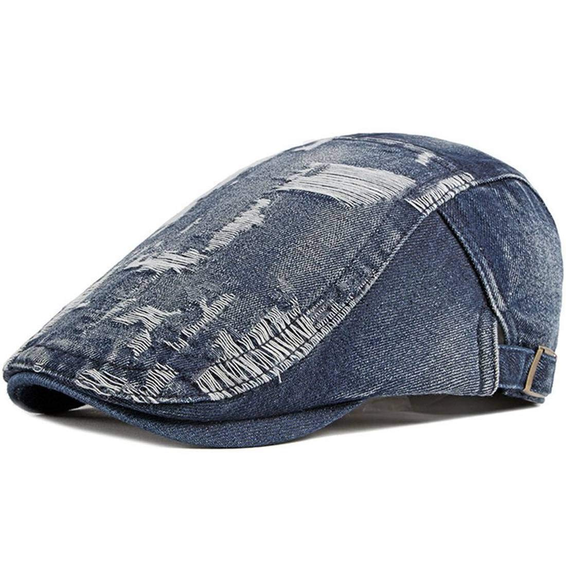 JNKET Leisure Denim Worn-Out Beret Hat Washed Peaked Cap Flat Caps Outdoor Travel Sunhat Denim Cap Duckbill Cap (Dark Blue)