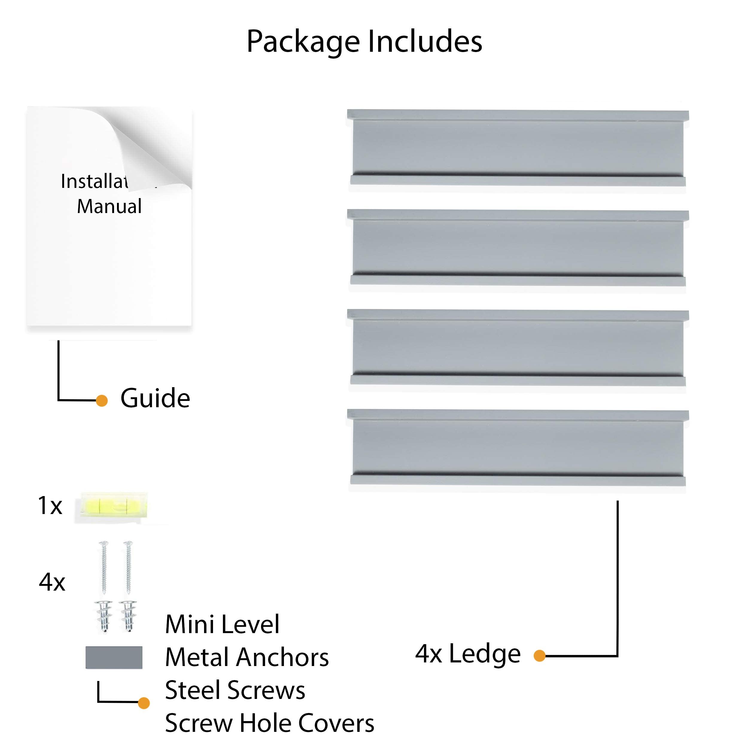 Wallniture Denver 17" Floating Shelves for Wall, Kids Bookshelf for Toddler Toys, Floating Book Shelves for Kids Room, Nursery Shelves for Kids Books, Gray Kids Room Shelves, Photo Ledge Set of 4