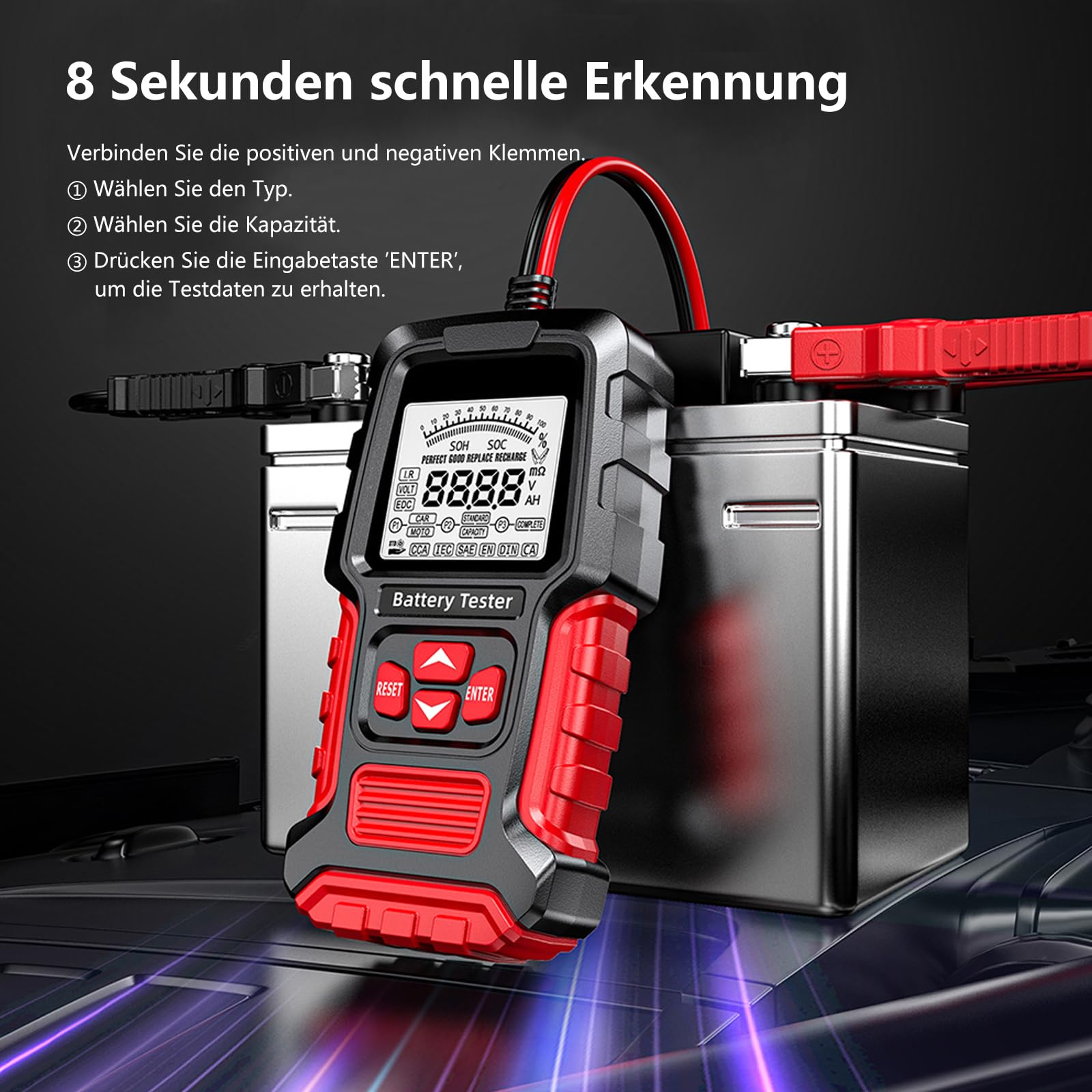 Autobatterie Tester 100-2000 CCA 12V und 24V Autobatterietester Batterietester Auto 3Ah-200Ah Digitaler Analysator, Kfz-Lichtmaschine für Auto Motorräder PKW-LKW ATV SUV Boot