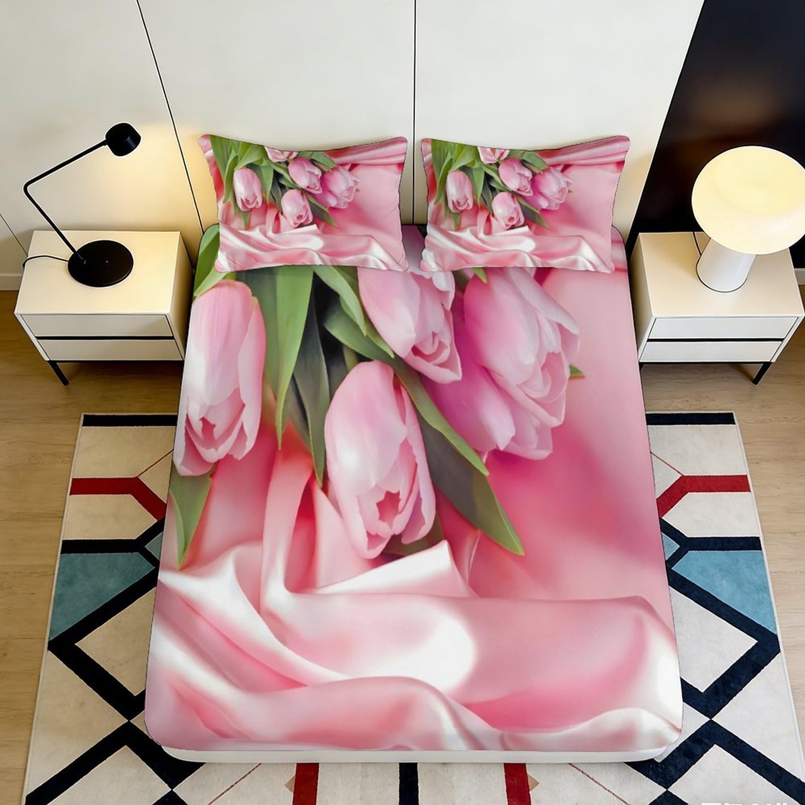 3D Printed Pink Tulip Fitted Sheet Microfiber Deep Pocket Non-Slip Bedding Pink Floral Mattress Fitted Cover Full Wrap Washable for Adults Home 200x200x25cm 90x200x25cm