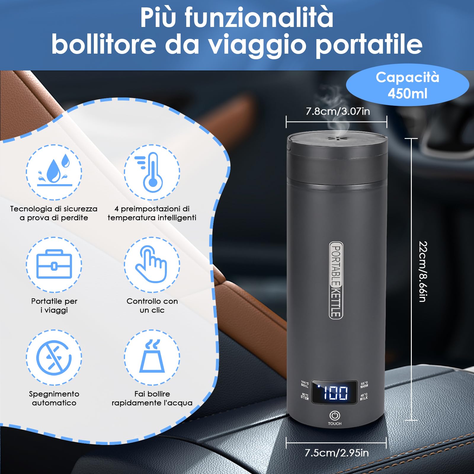 Dreamhigh® Bollitore Elettrico Piccolo, 450 ml Bollitore da Viaggio, 96W Bollitore Elettrico Portatile con Temperatura Regolabile per Tè Latte Caffè (45℃/ 55℃/ 80℃/ 100℃) (Auto (12V)) (Nero)