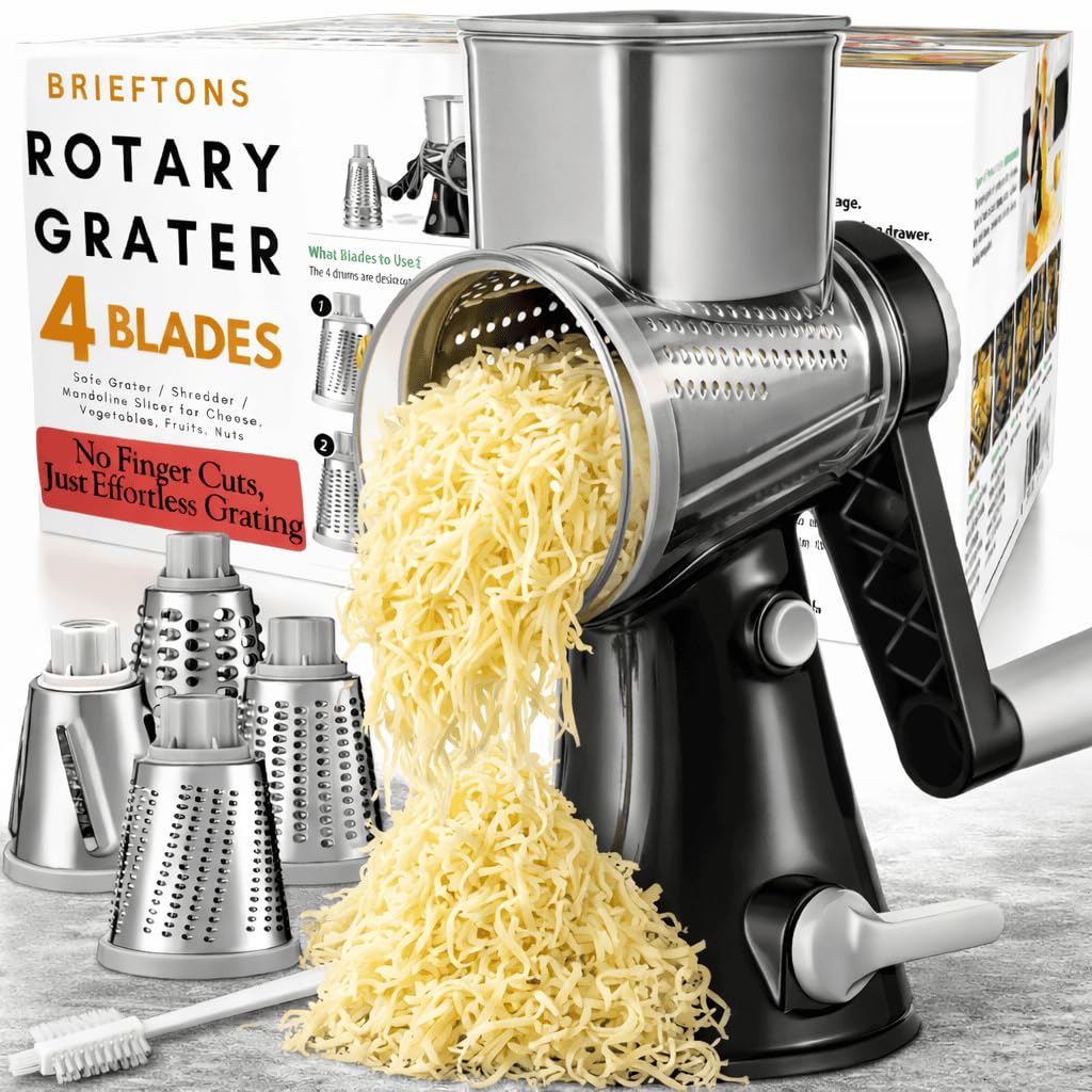 Brieftons 4-Blade Rotary Cheese Grater, Kitchen Food Grater with Handle, Mandoline Vegetable Slicer, Garlic Grater, Nut Grinder, Grater for Cheese, Vegetables, Fruits, Nuts, Easy to Use, Clean & Store