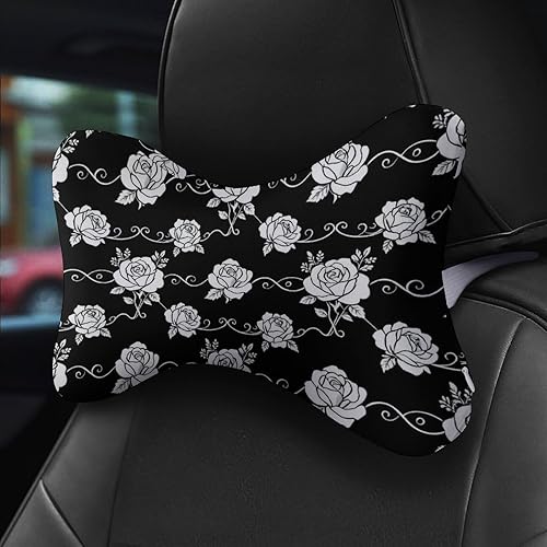 Miniatura 5 de Almohada para el cuello del automóvil, 2 almohadas suaves para reposacabezas de automóvil, compatibles con flores blancas y negras florales para