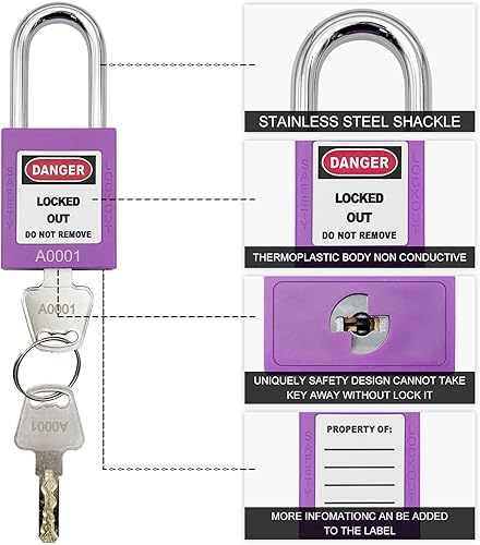 Vista 38 de SAFBY Loto - Candados seguros con 10 llaves para estaciones y dispositivos de bloqueo (amarillo, clave diferente)