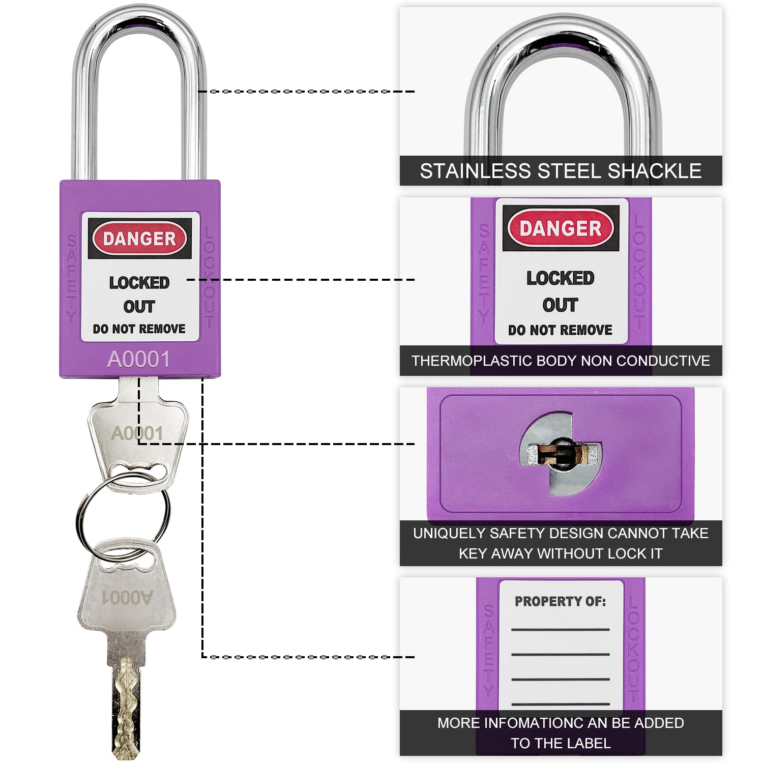 SAFBY Candados de bloqueo con 10 llaves diferentes – Candados seguros Loto para estaciones y dispositivos de bloqueo y etiquetado (morado, llave diferente)