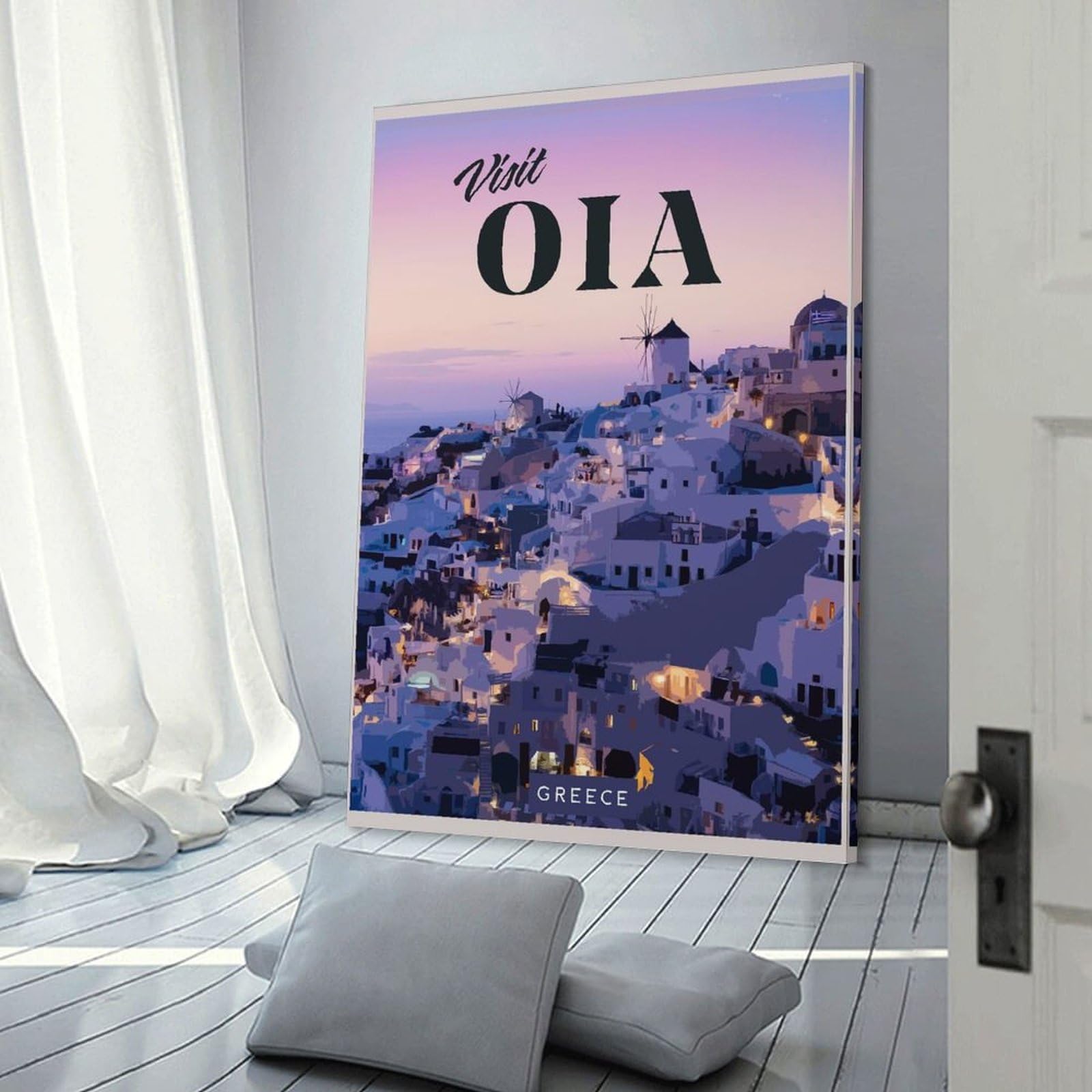 Junmoney Hanging Wall Art Visit Oia, 20x30inch(50x75cm), for Wall Displays, Bedrooms Or Room Updates, Decorative Artwork with Flexible Styling